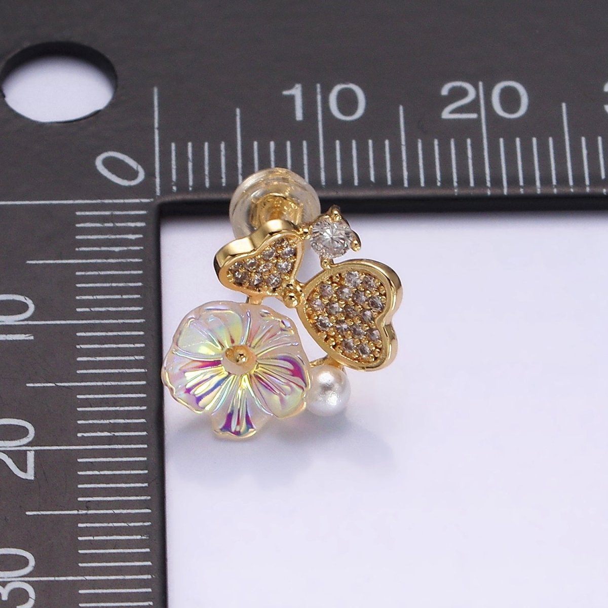 16K Gold Filled Flower Iridescent Acrylic Heart Petal Micro Paved CZ Pearl Stud Earrings in Gold & Silver | AD1552 AD1553 - DLUXCA