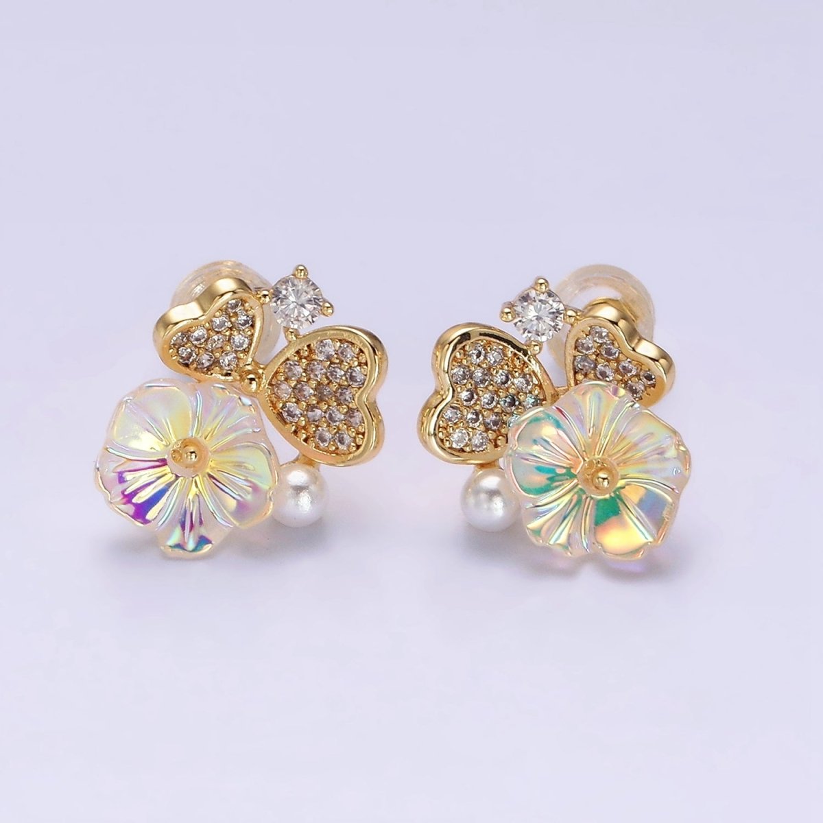 16K Gold Filled Flower Iridescent Acrylic Heart Petal Micro Paved CZ Pearl Stud Earrings in Gold & Silver | AD1552 AD1553 - DLUXCA