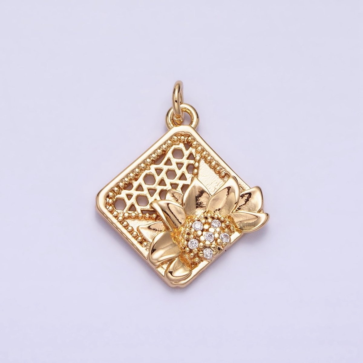 16K Gold Filled Flower Micro Paved CZ Filigree Rhombus Add-On Charm in Gold & Silver | AC1245 AC1246 - DLUXCA