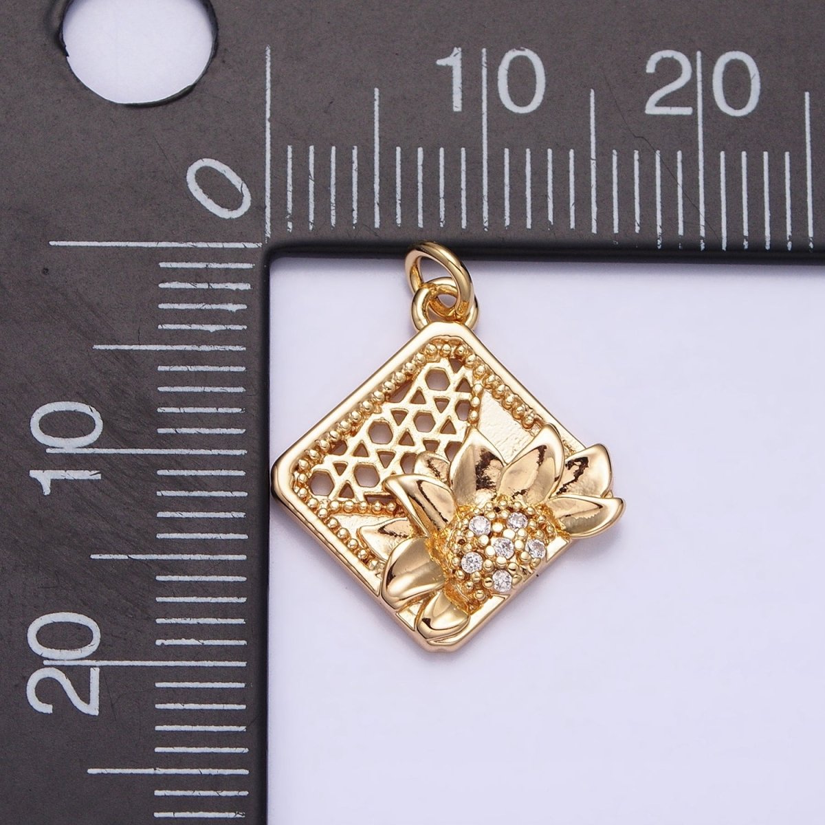 16K Gold Filled Flower Micro Paved CZ Filigree Rhombus Add-On Charm in Gold & Silver | AC1245 AC1246 - DLUXCA