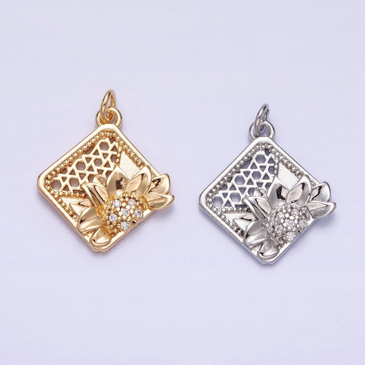 16K Gold Filled Flower Micro Paved CZ Filigree Rhombus Add-On Charm in Gold & Silver | AC1245 AC1246 - DLUXCA