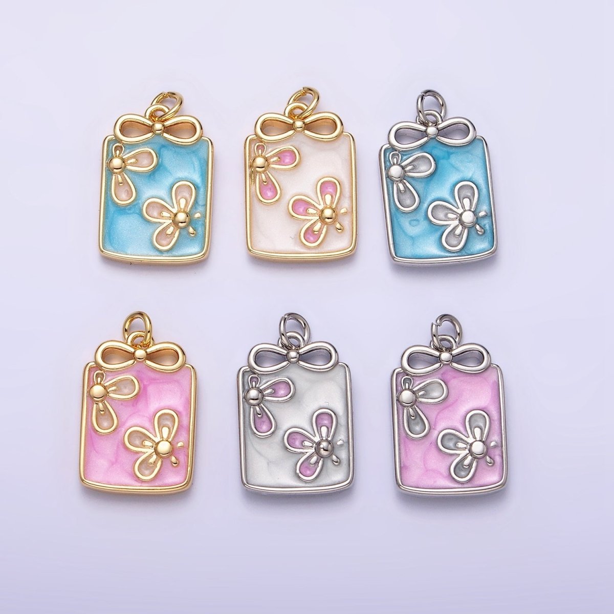 16K Gold Filled Flower White, Blue, Pink Sparkly Enamel Ribbon Bow Rectangular Charm in Gold & Silver | AC1344 - AC1349 - DLUXCA