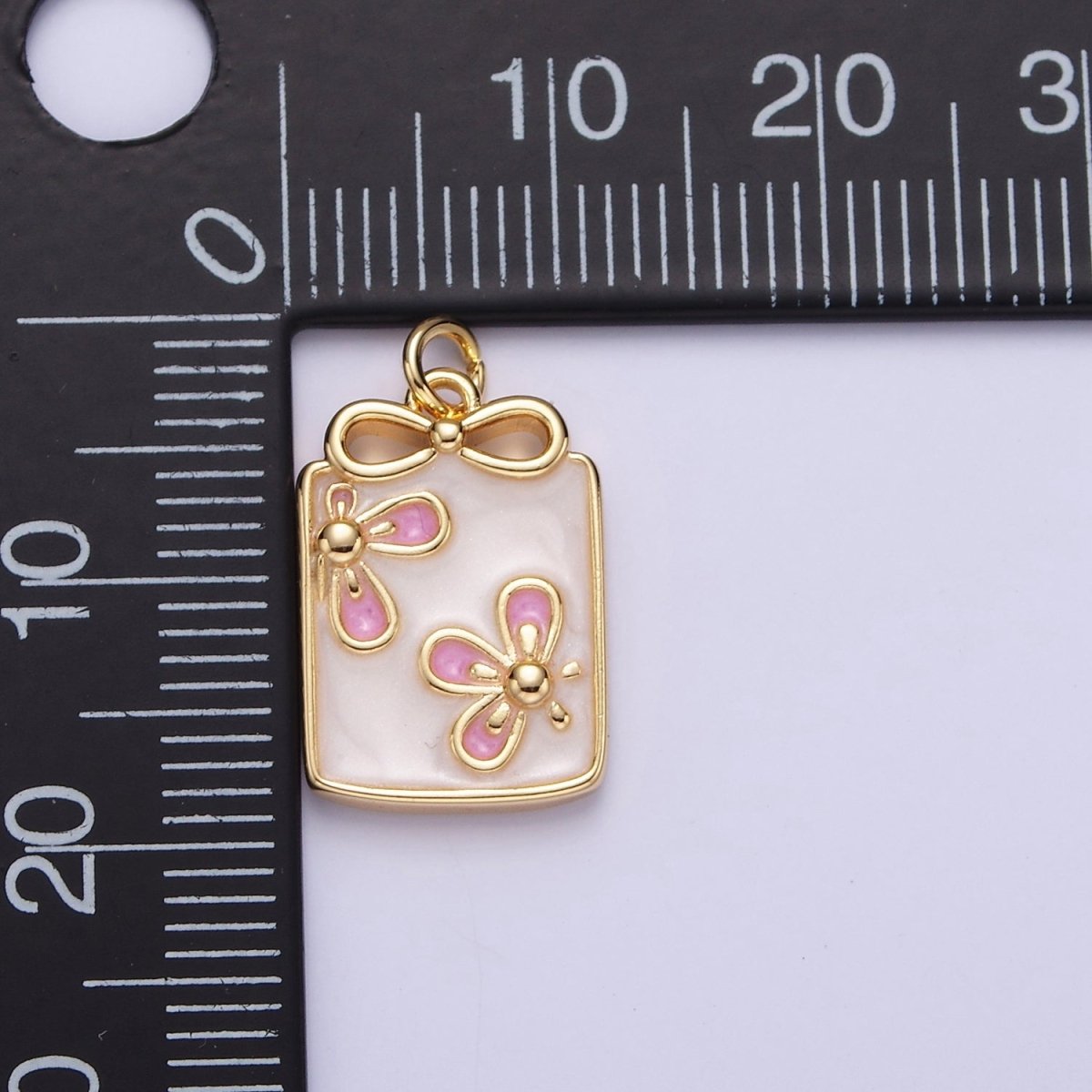 16K Gold Filled Flower White, Blue, Pink Sparkly Enamel Ribbon Bow Rectangular Charm in Gold & Silver | AC1344 - AC1349 - DLUXCA