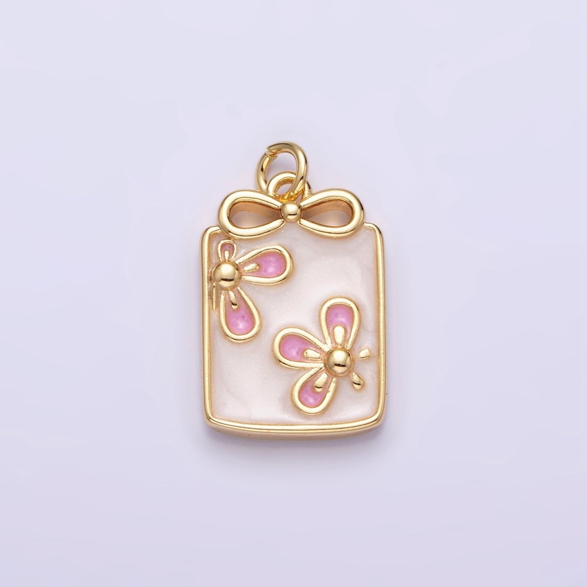 16K Gold Filled Flower White, Blue, Pink Sparkly Enamel Ribbon Bow Rectangular Charm in Gold & Silver | AC1344 - AC1349 - DLUXCA