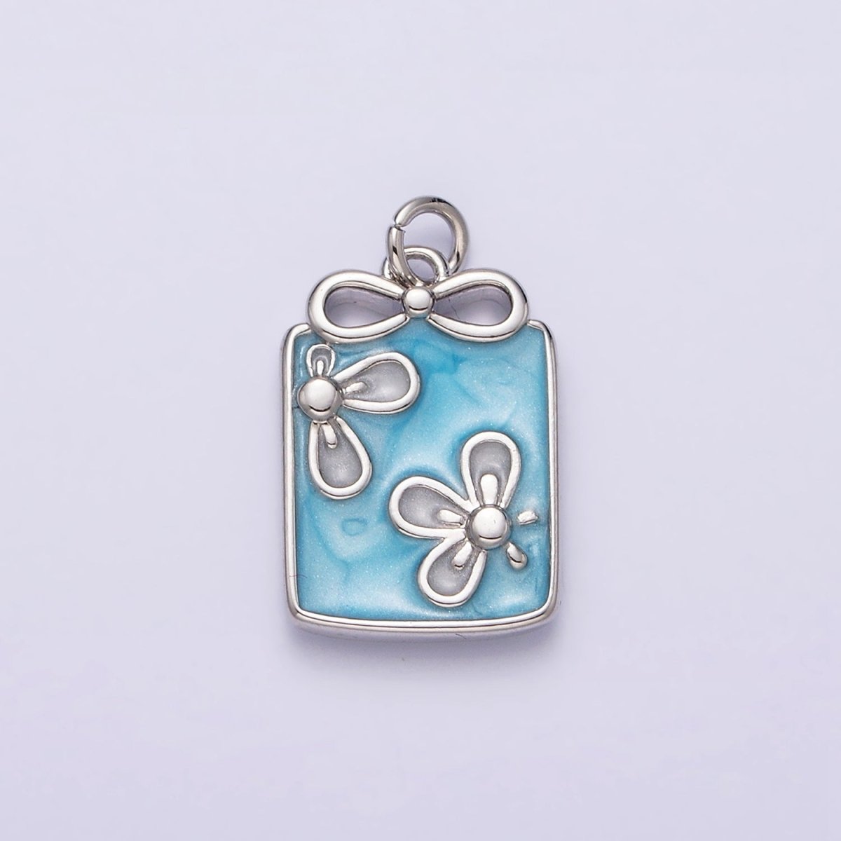 16K Gold Filled Flower White, Blue, Pink Sparkly Enamel Ribbon Bow Rectangular Charm in Gold & Silver | AC1344 - AC1349 - DLUXCA