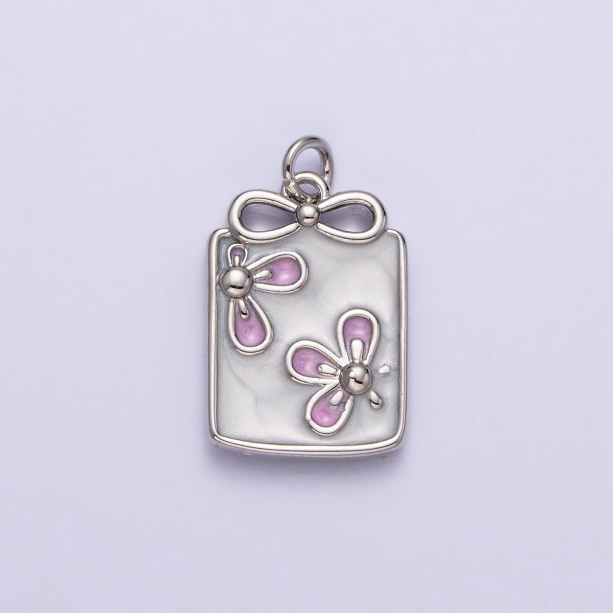 16K Gold Filled Flower White, Blue, Pink Sparkly Enamel Ribbon Bow Rectangular Charm in Gold & Silver | AC1344 - AC1349 - DLUXCA