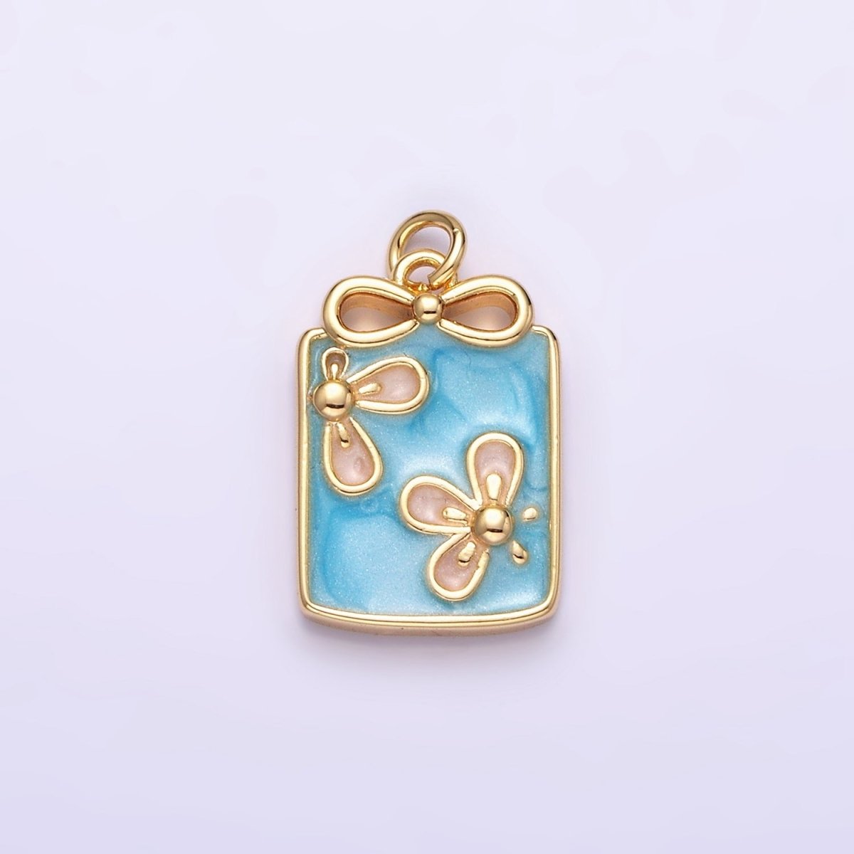 16K Gold Filled Flower White, Blue, Pink Sparkly Enamel Ribbon Bow Rectangular Charm in Gold & Silver | AC1344 - AC1349 - DLUXCA