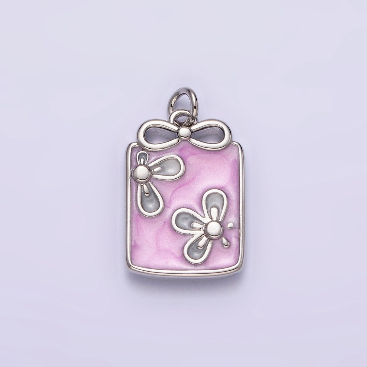 16K Gold Filled Flower White, Blue, Pink Sparkly Enamel Ribbon Bow Rectangular Charm in Gold & Silver | AC1344 - AC1349 - DLUXCA