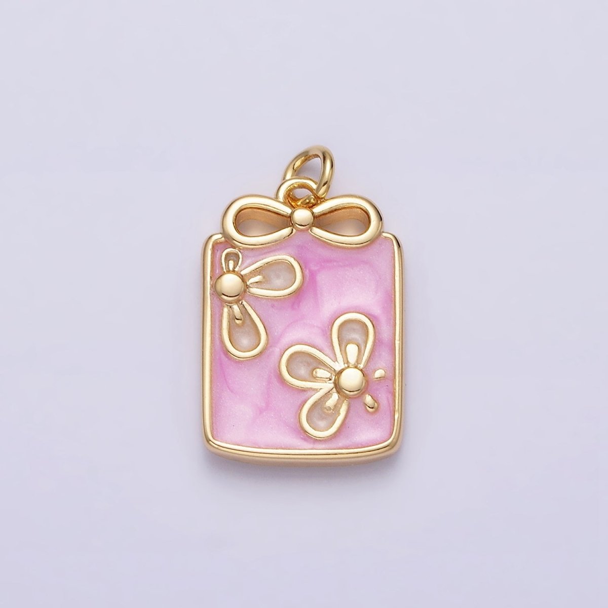 16K Gold Filled Flower White, Blue, Pink Sparkly Enamel Ribbon Bow Rectangular Charm in Gold & Silver | AC1344 - AC1349 - DLUXCA