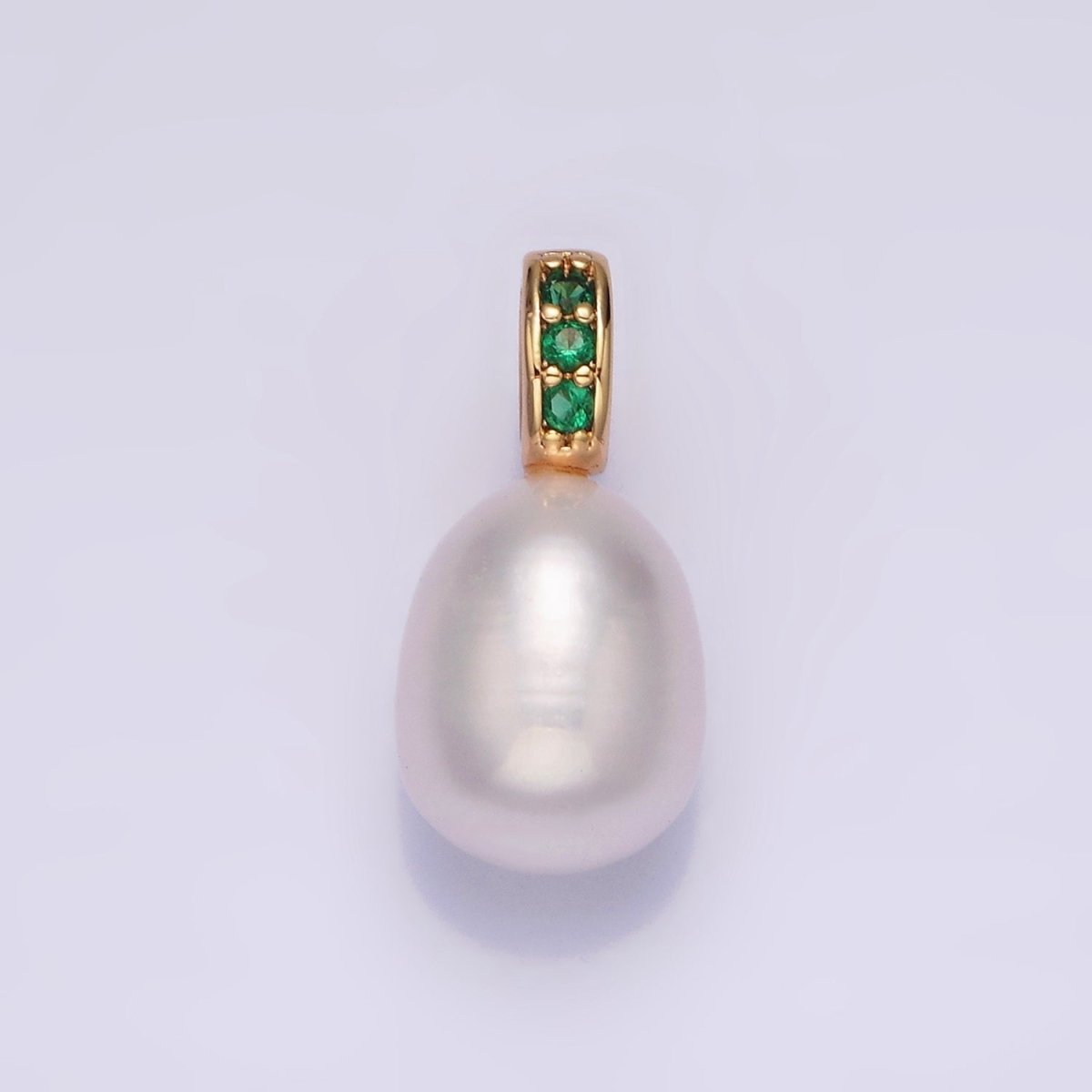 16K Gold Filled Freshwater Oval Pearl Triple Clear, Green CZ Micro Paved Bail Pendant | P1611 P1612 - DLUXCA