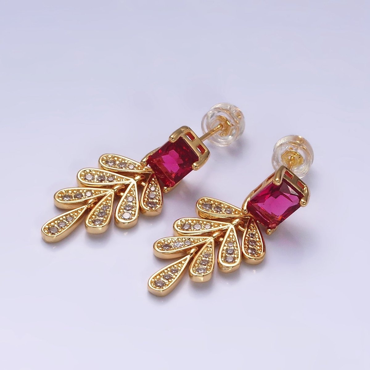16K Gold Filled Fuchsia Baguette Micro Paved CZ Olive Leaf Drop Stud Earrings in Gold & Silver | AD1082 AD1083 - DLUXCA