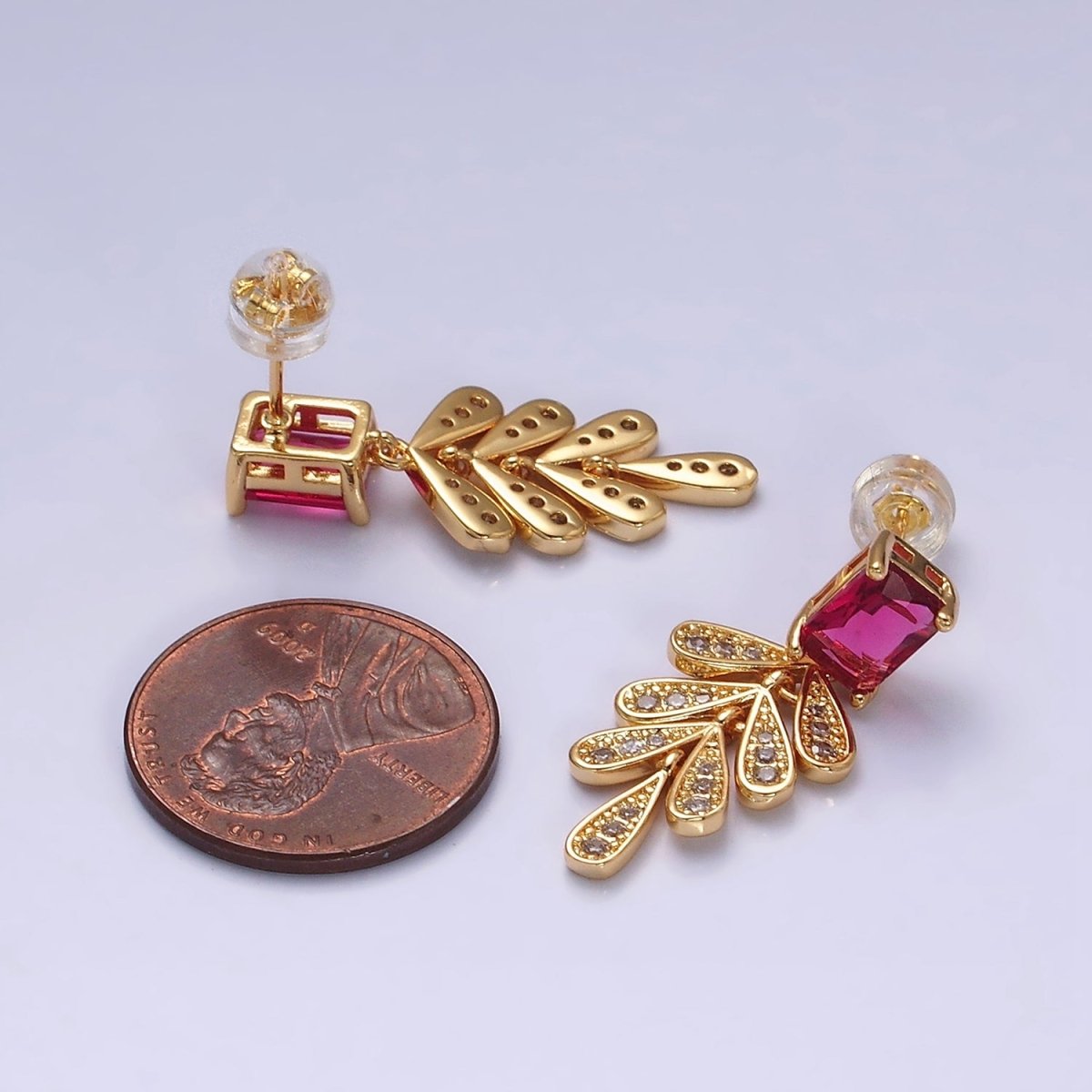 16K Gold Filled Fuchsia Baguette Micro Paved CZ Olive Leaf Drop Stud Earrings in Gold & Silver | AD1082 AD1083 - DLUXCA
