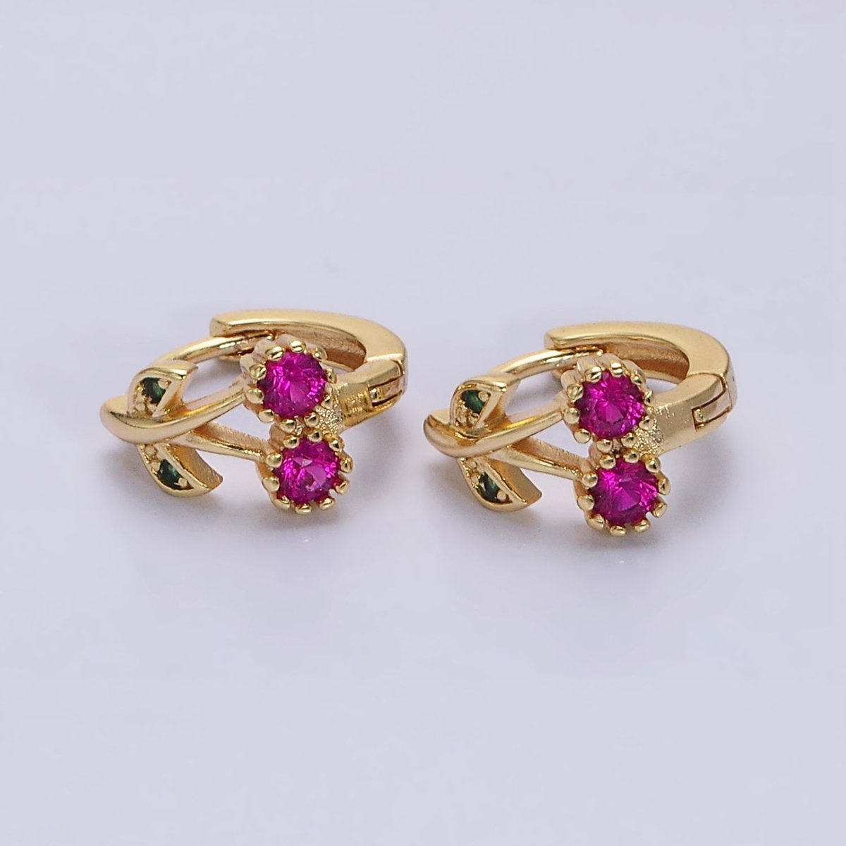 16K Gold Filled Fuchsia CZ Cherry Fruit 11mm Cartilage Huggie Earrings in Gold & Silver | AD1269 AD1270 - DLUXCA