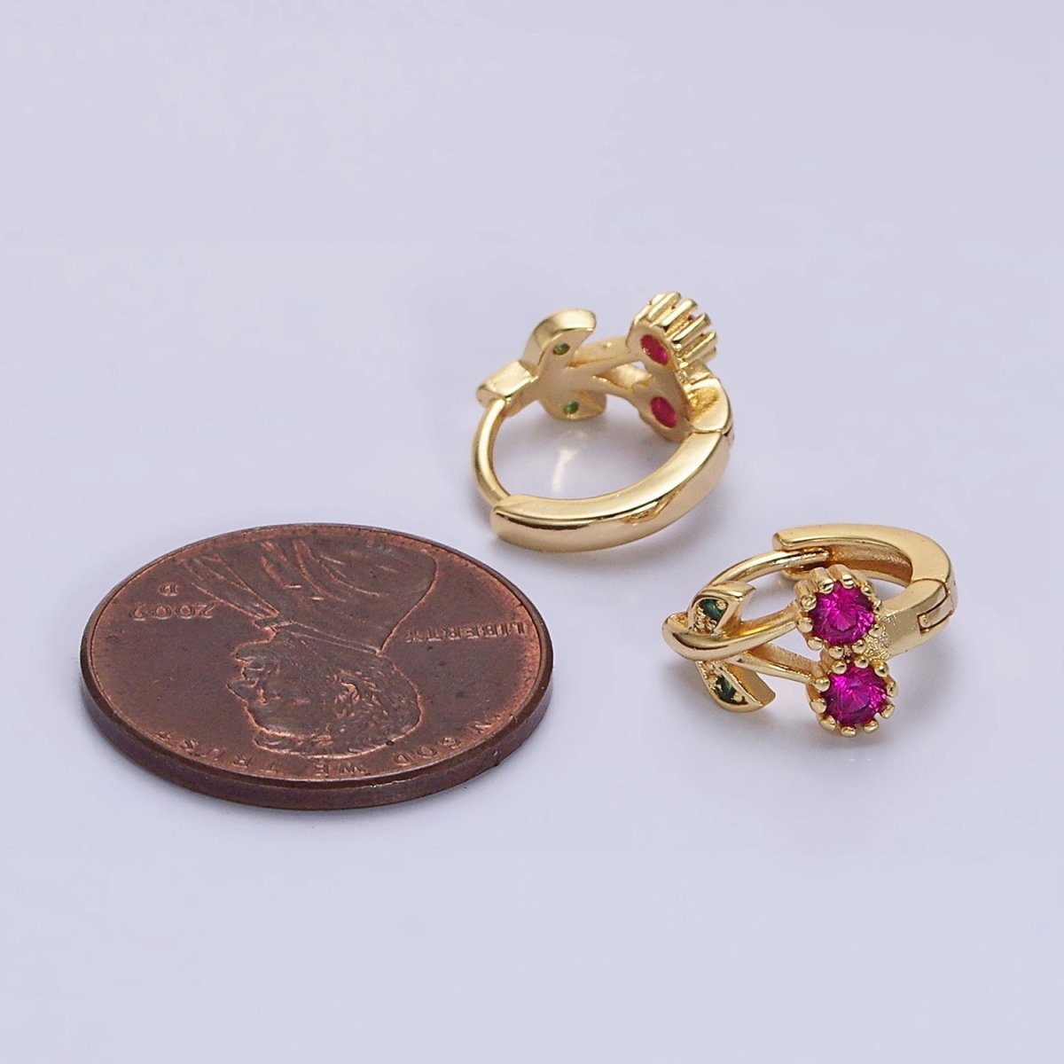 16K Gold Filled Fuchsia CZ Cherry Fruit 11mm Cartilage Huggie Earrings in Gold & Silver | AD1269 AD1270 - DLUXCA