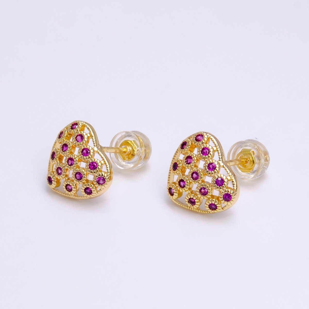 16K Gold Filled Fuchsia CZ Open Heart 10mm Stud Earrings in Gold & Silver | AE781 AE792 - DLUXCA