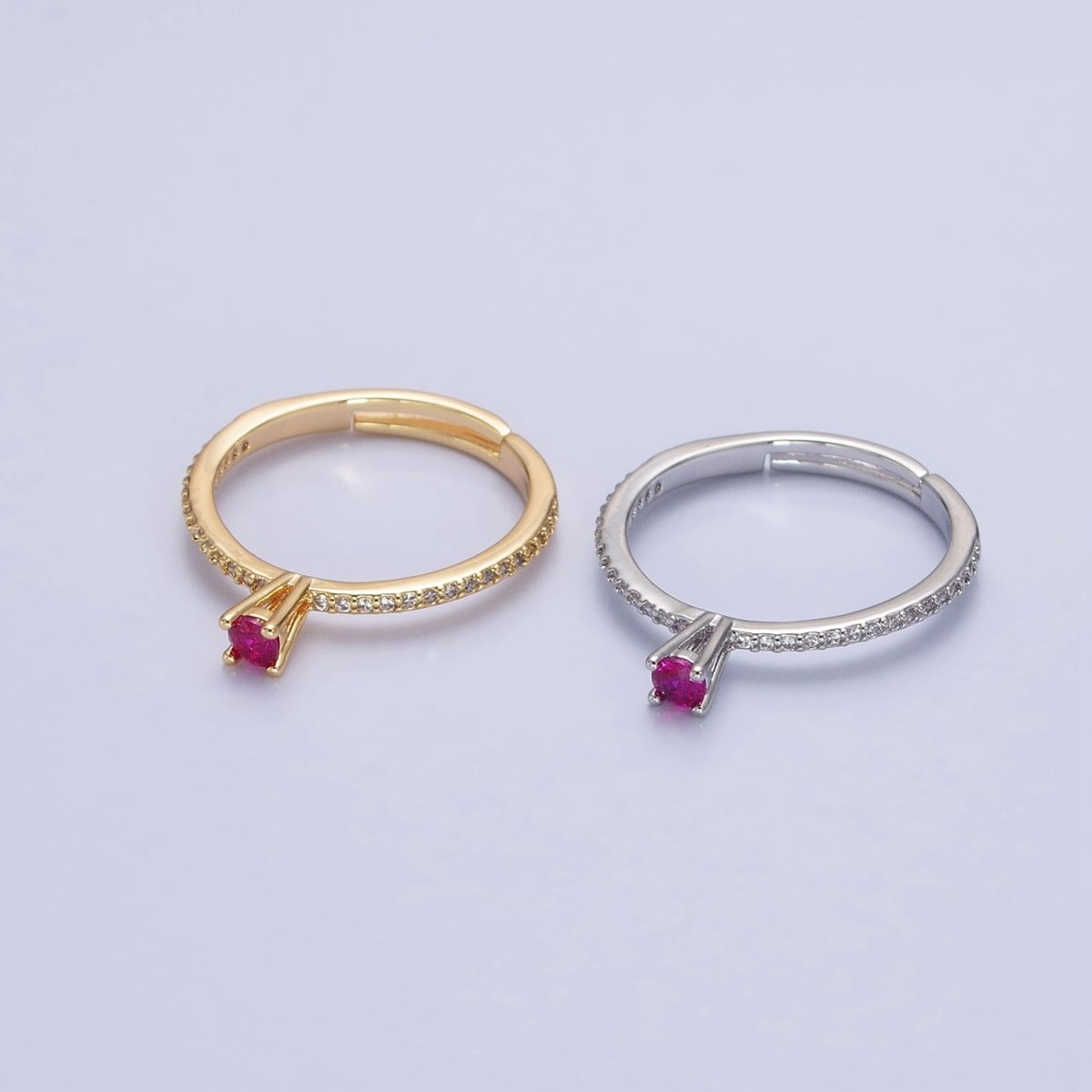 16K Gold Filled Fuchsia CZ Solitaire Micro Paved Adjustable Ring in Gold & Silver | O-1928 O-1929 - DLUXCA