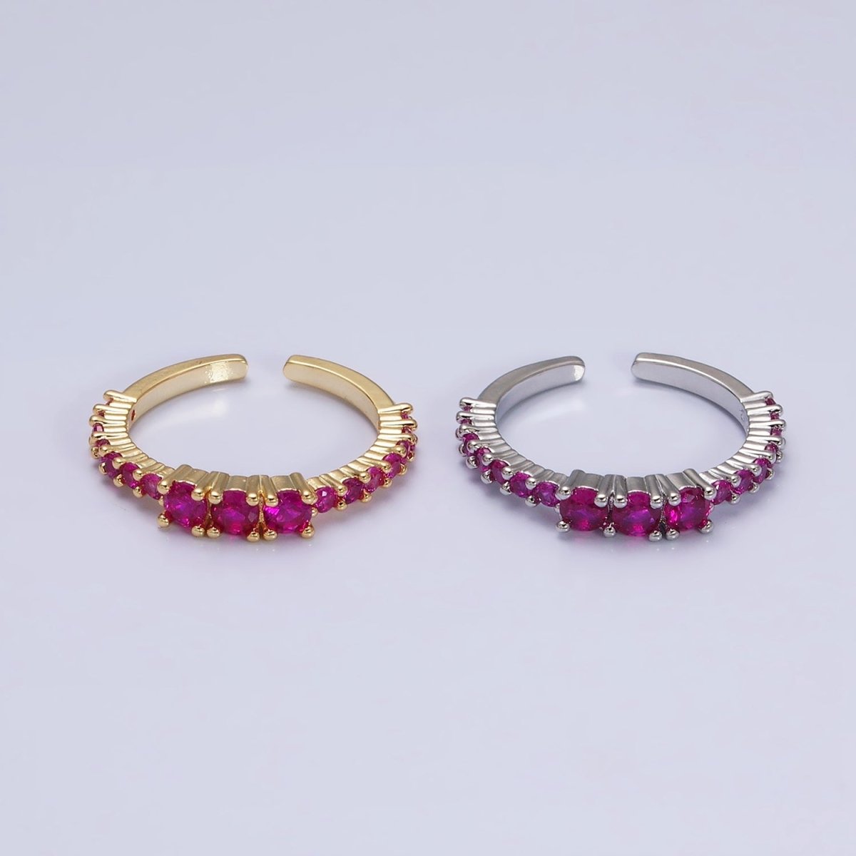 16K Gold Filled Fuchsia CZ Triple Micro Paved Adjustable Ring in Gold & Silver | O-1609 O-1610 - DLUXCA