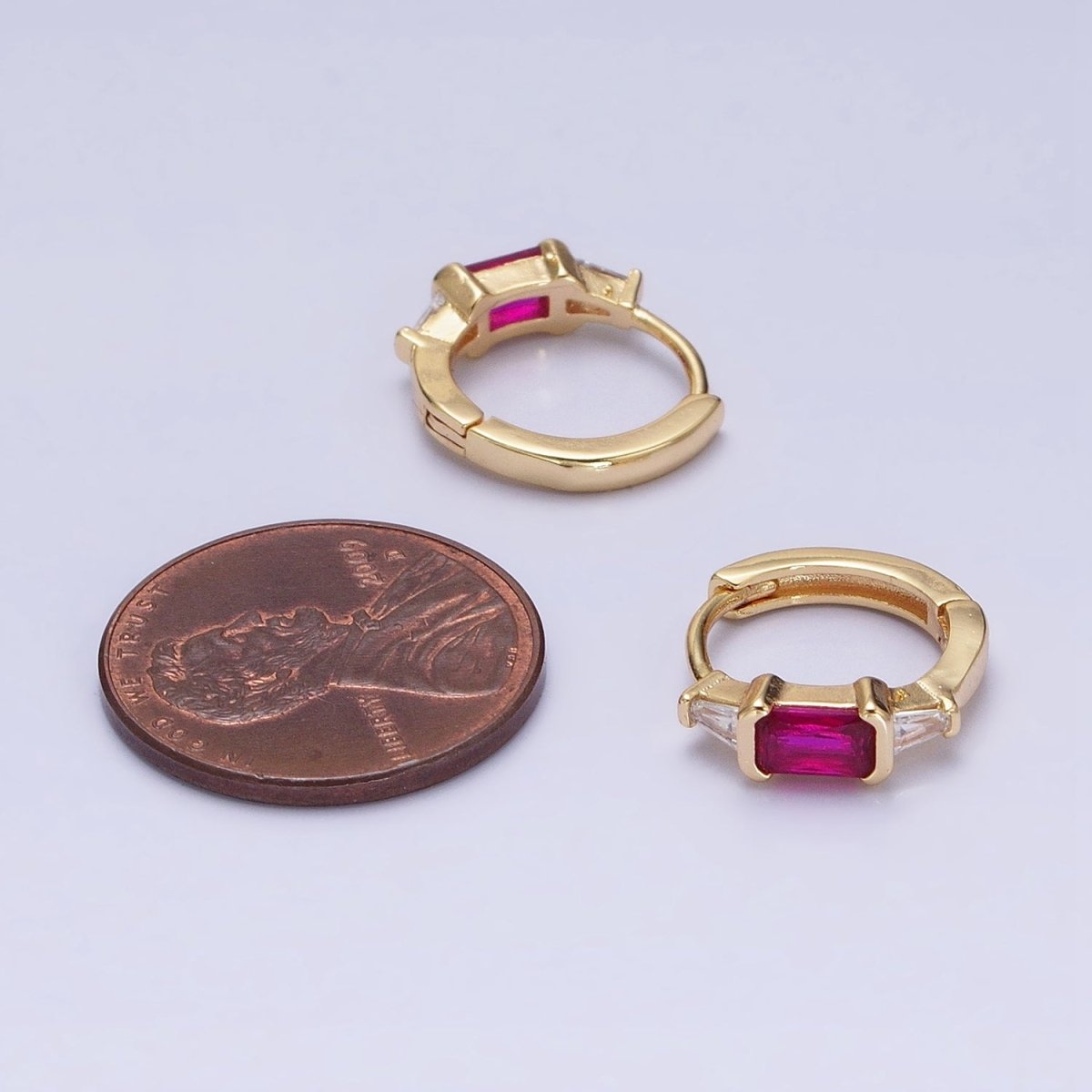 16K Gold Filled Fuchsia, Green Baguette Triangle CZ Huggie Earrings in Gold & Silver | AD867 - AD870 - DLUXCA