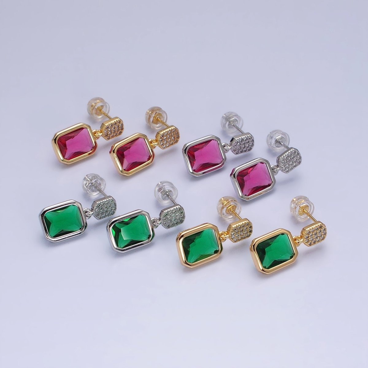 16K Gold Filled Fuchsia, Green Multifaceted Baguette CZ Drop Micro Paved Bar Stud Earrings in Gold & Silver | AD1112 - AS1115 - DLUXCA