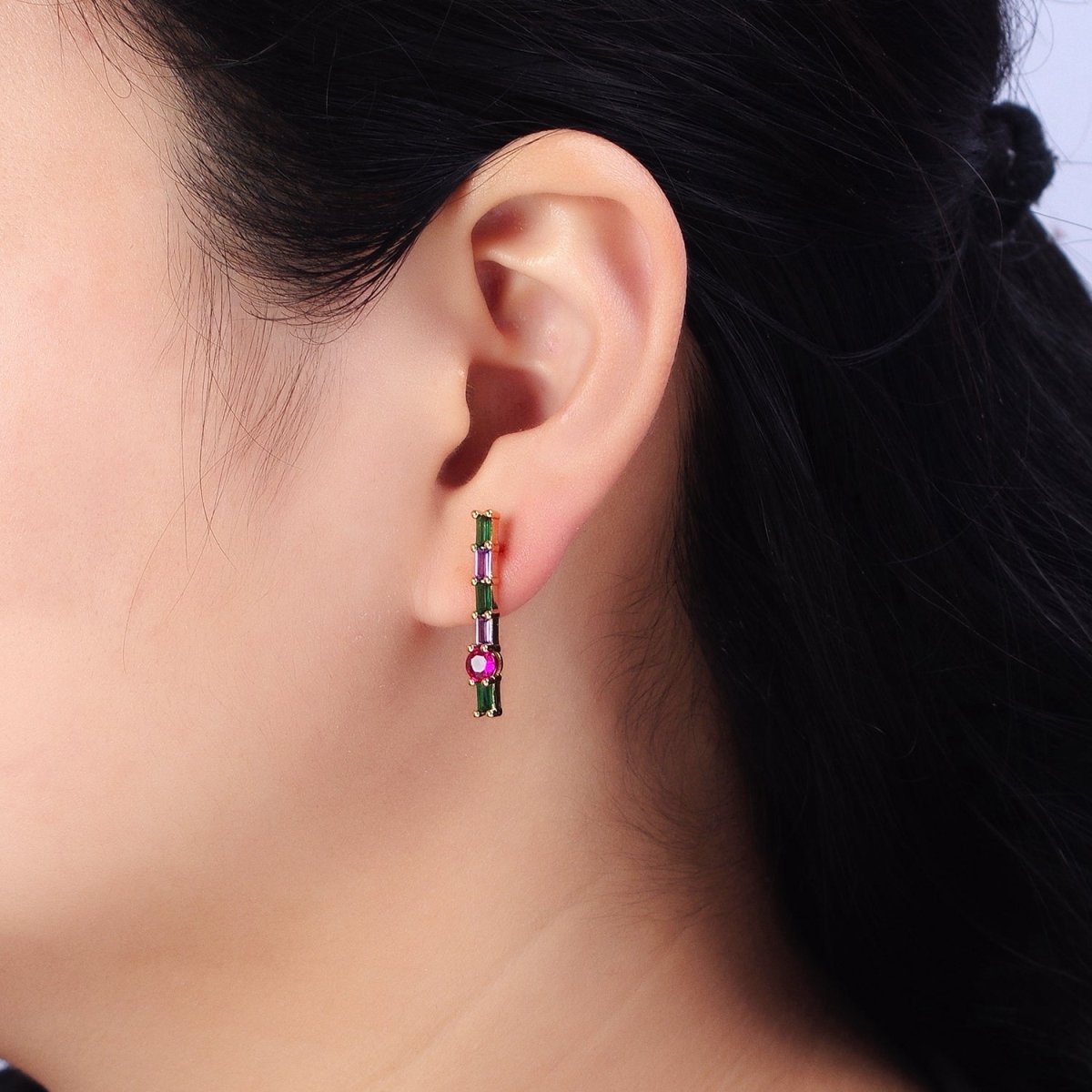 16K Gold Filled Fuchsia Multicolor Baguette Round CZ Linear Drop Stud Earrings in Gold & Silver | AB362 AB363 - DLUXCA