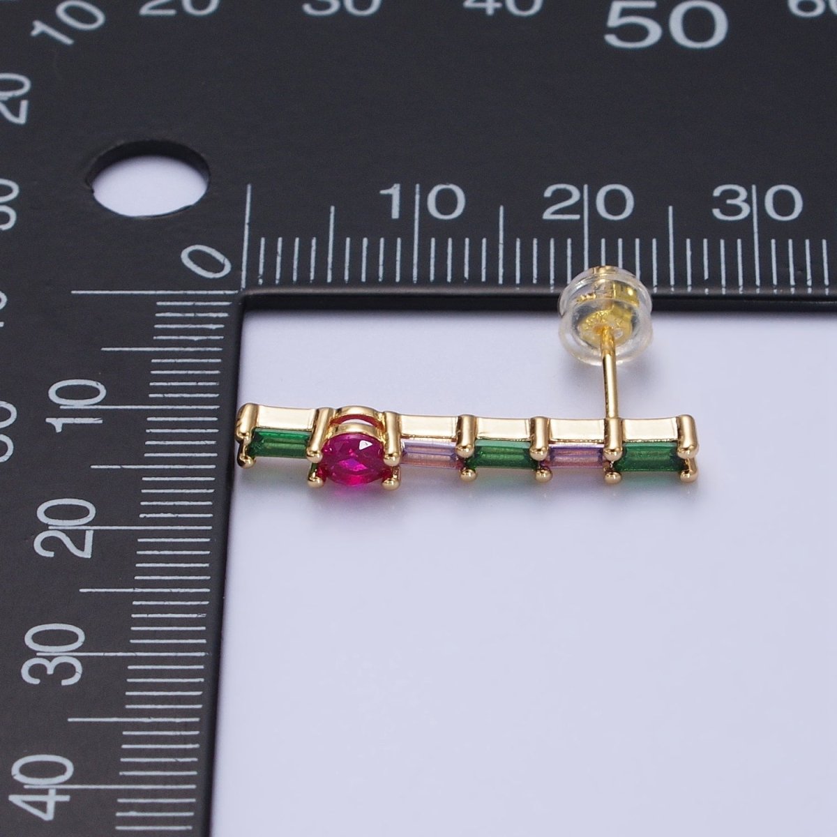 16K Gold Filled Fuchsia Multicolor Baguette Round CZ Linear Drop Stud Earrings in Gold & Silver | AB362 AB363 - DLUXCA