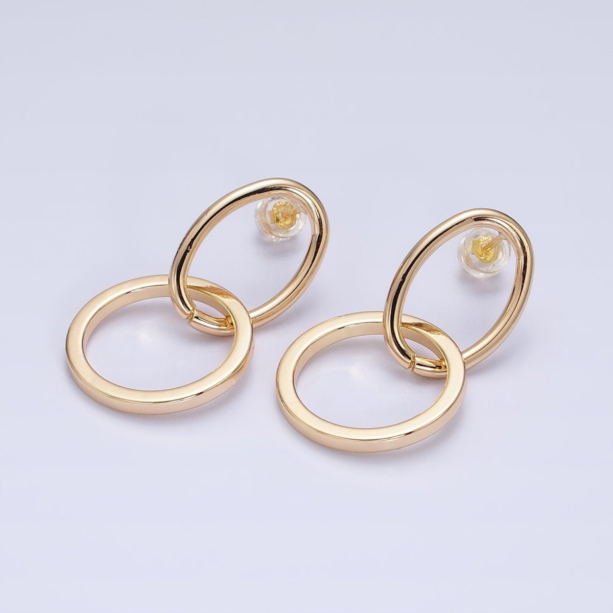 16K Gold Filled Geometric Open Oval Round Double Drop Stud Earrings in Gold & Silver | AD1141 AD1142 - DLUXCA