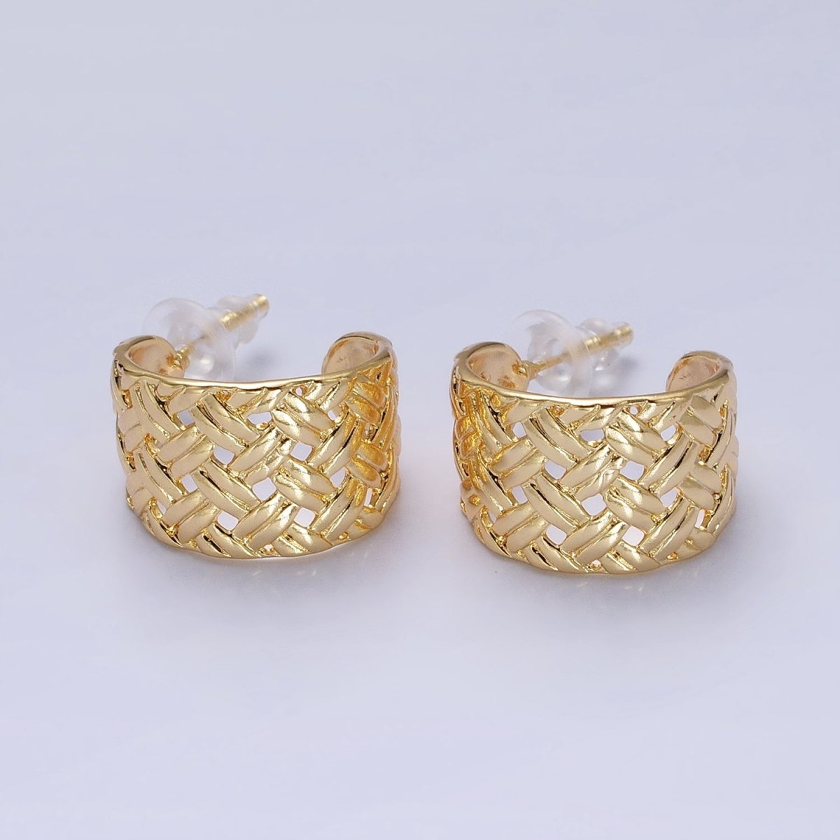 16K Gold Filled Geometric Rattan Textured C-Shaped 20mm Hoop Earrings in Gold & Silver | AB456 AD897 - DLUXCA