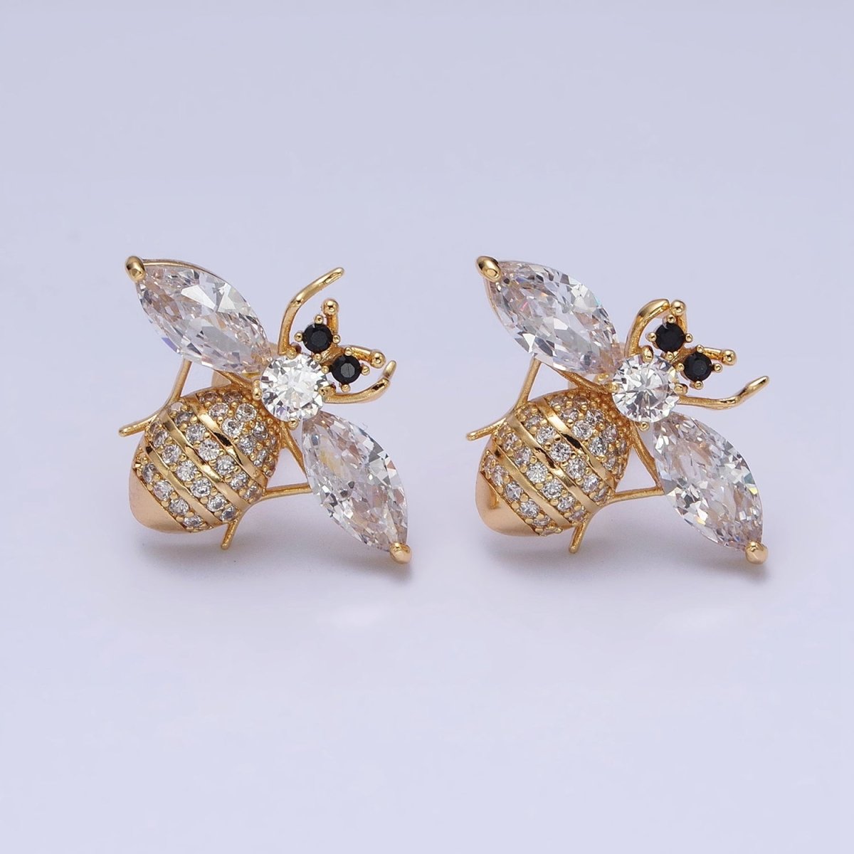 16K Gold Filled Gold Bee Stud Earrings • Crystal Cubic Zirconia Honey Bee Queen Bee Bumble Bee Jewelry AD1474 AD1475 - DLUXCA
