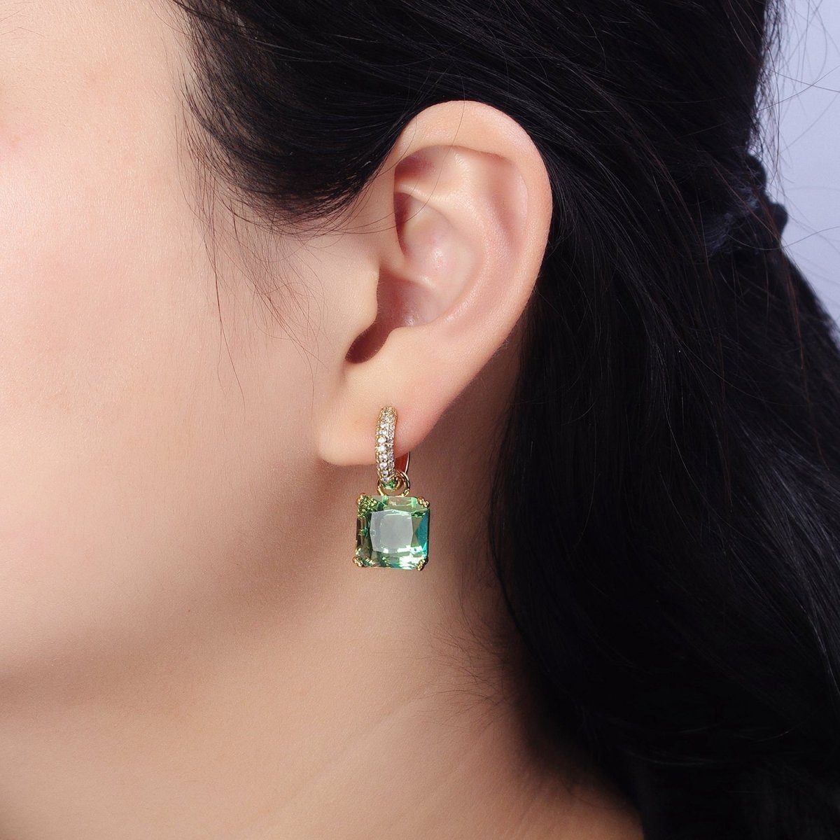 16K Gold Filled Green Aqua Square CZ Drop Micro Paved Huggie Earrings | AD13357 AD1358 - DLUXCA