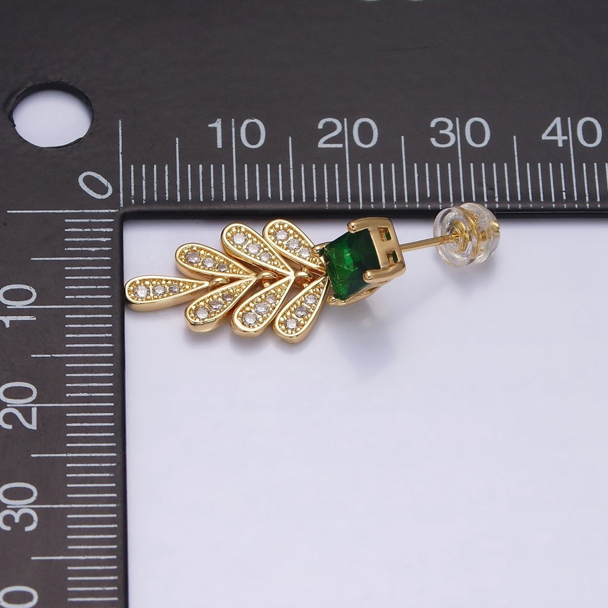 16K Gold Filled Green Baguette Micro Paved CZ Olive Leaf Drop Stud Earrings in Gold & Silver | AD1187 AD1228 - DLUXCA