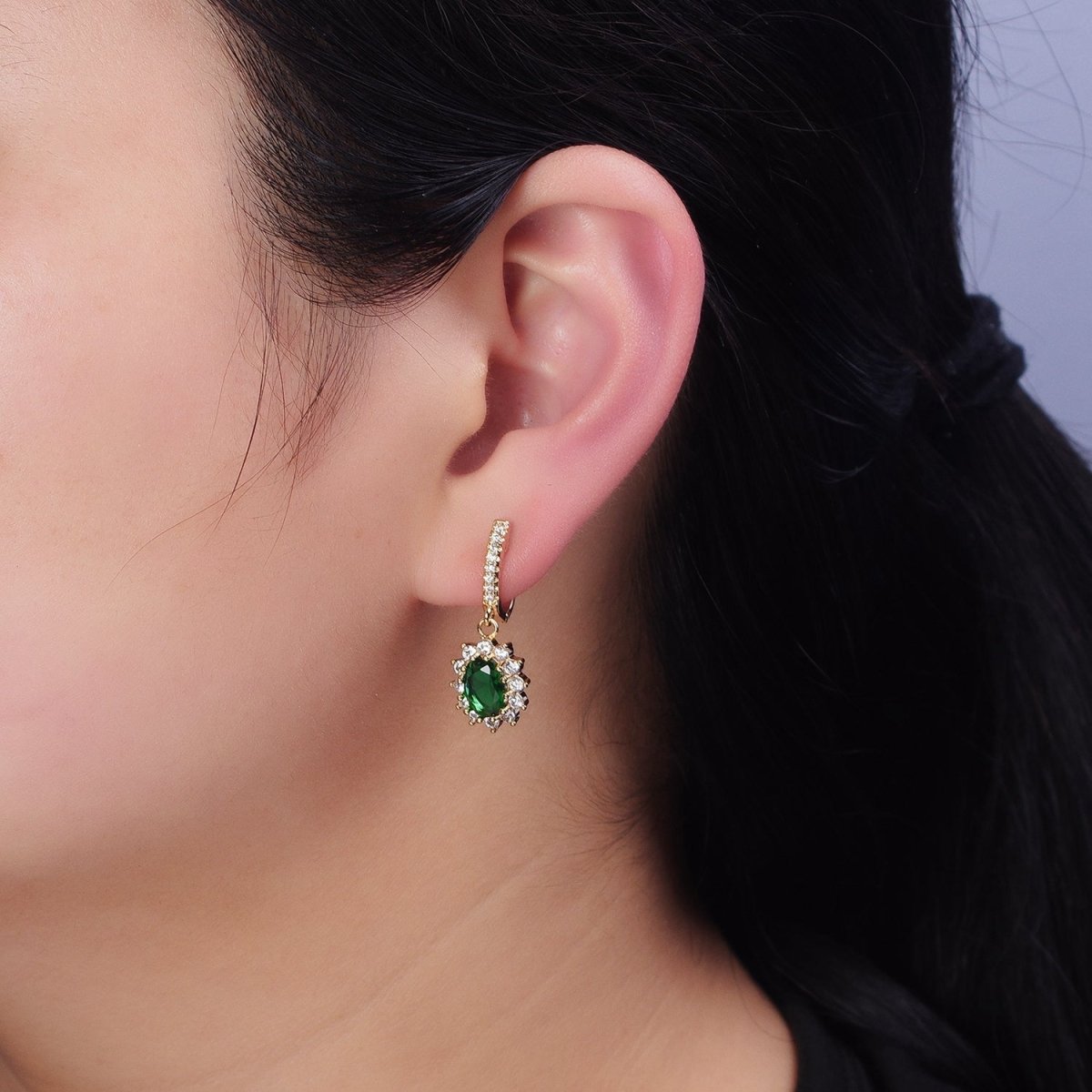 16K Gold Filled Green Celestial Sun Flower Oval CZ Drop Clear Micro Paved English Lock Earrings in Gold & Silver | AD1102 AD1103 - DLUXCA