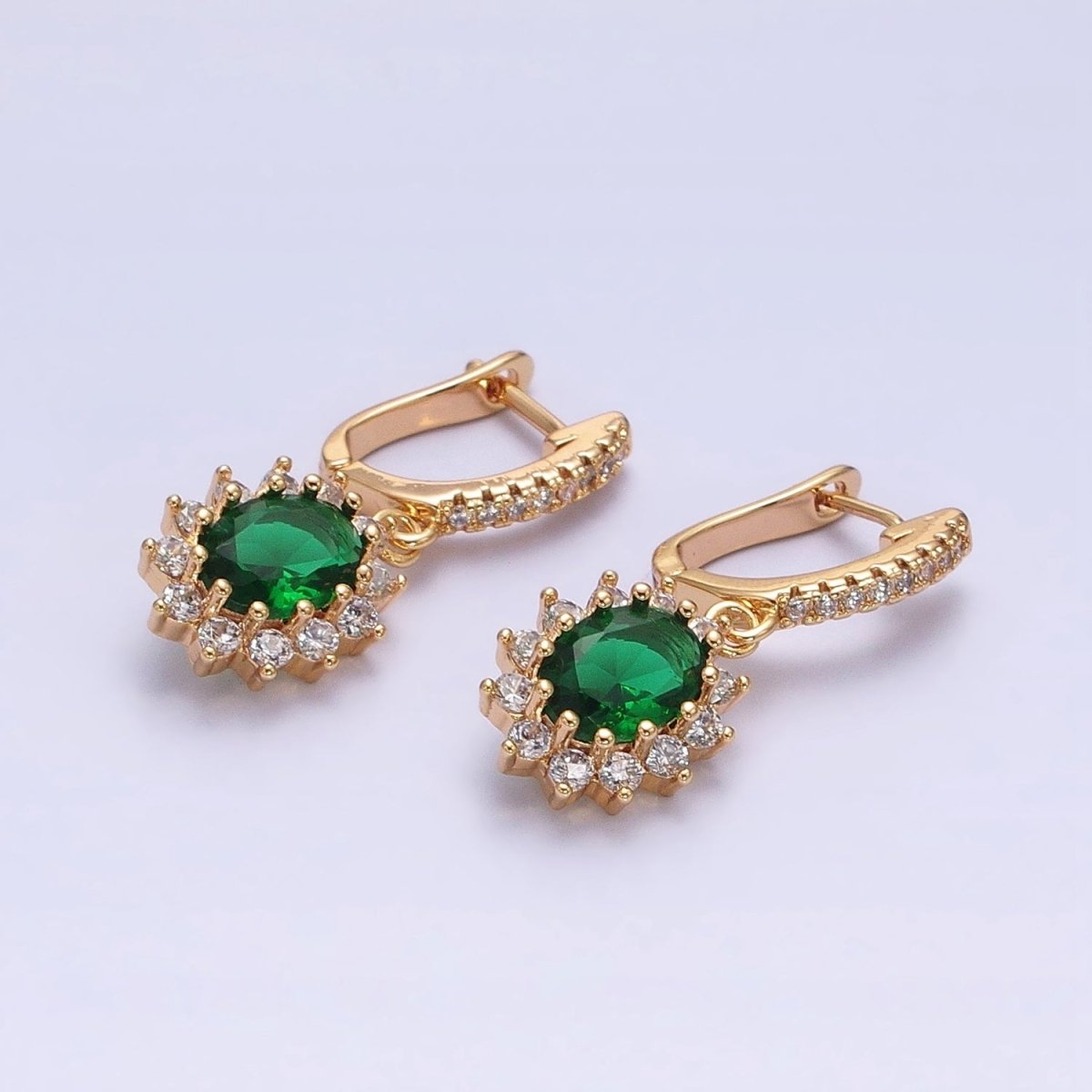 16K Gold Filled Green Celestial Sun Flower Oval CZ Drop Clear Micro Paved English Lock Earrings in Gold & Silver | AD1102 AD1103 - DLUXCA