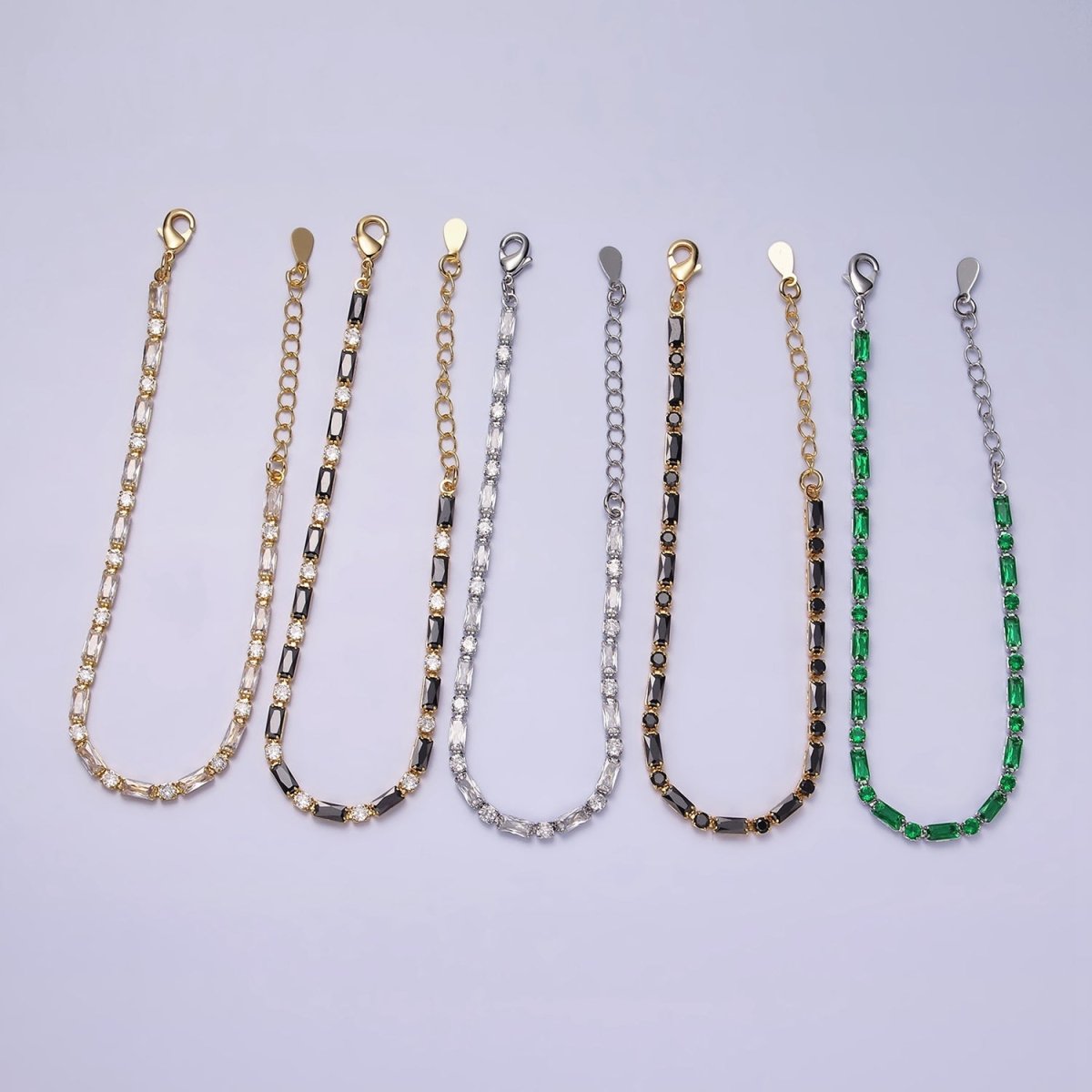 16K Gold Filled Green, Checkered, Black, Clear, Pink 2.5mm Baguette Round CZ 6.5 Inch Tennis Chain Bracelet | WA-1813 - WA-1831 Clearance Pricing - DLUXCA