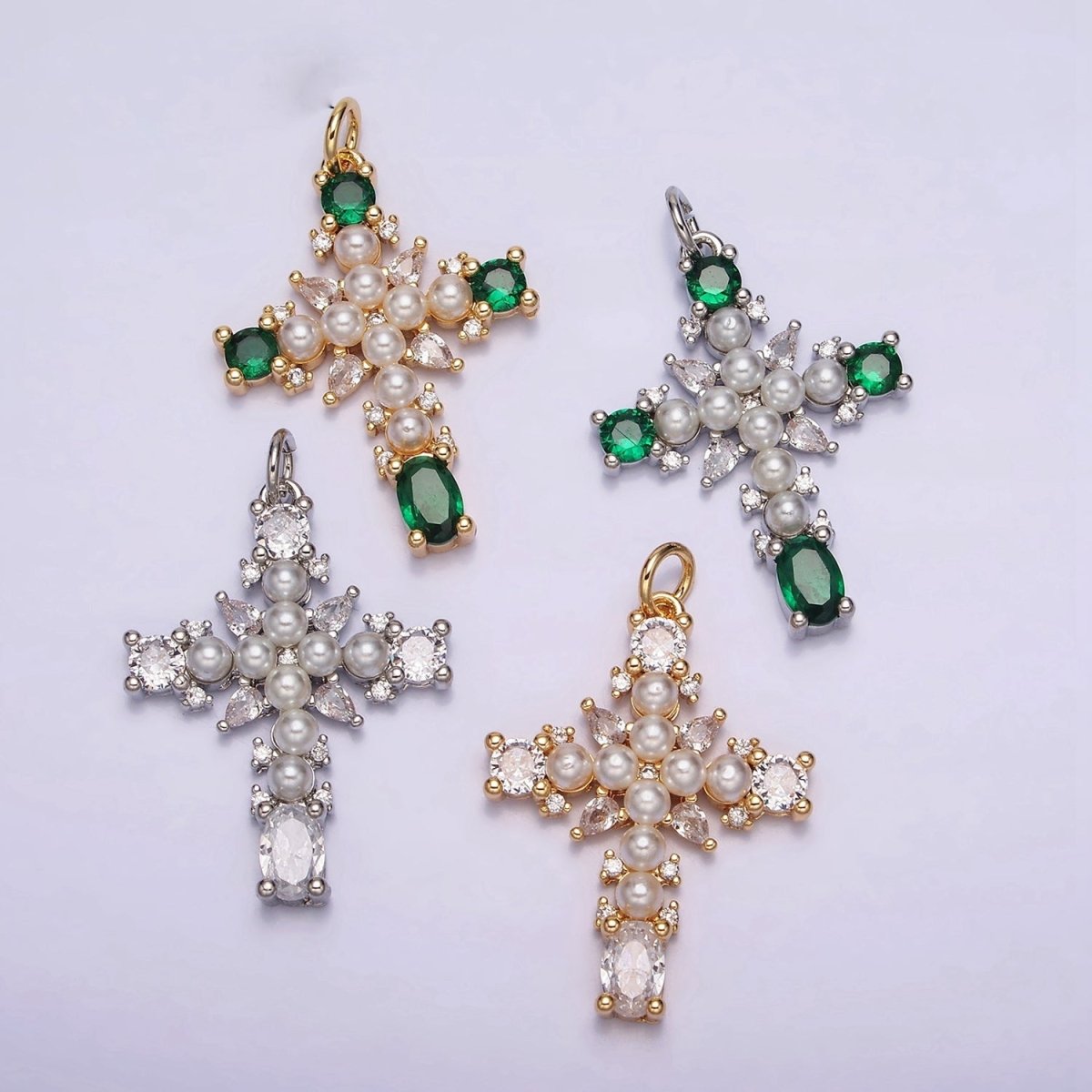 16K Gold Filled Green, Clear CZ Pearl Teardrop Religious Cross Charm in Gold & Silver | AC1416 - AC1419 - DLUXCA