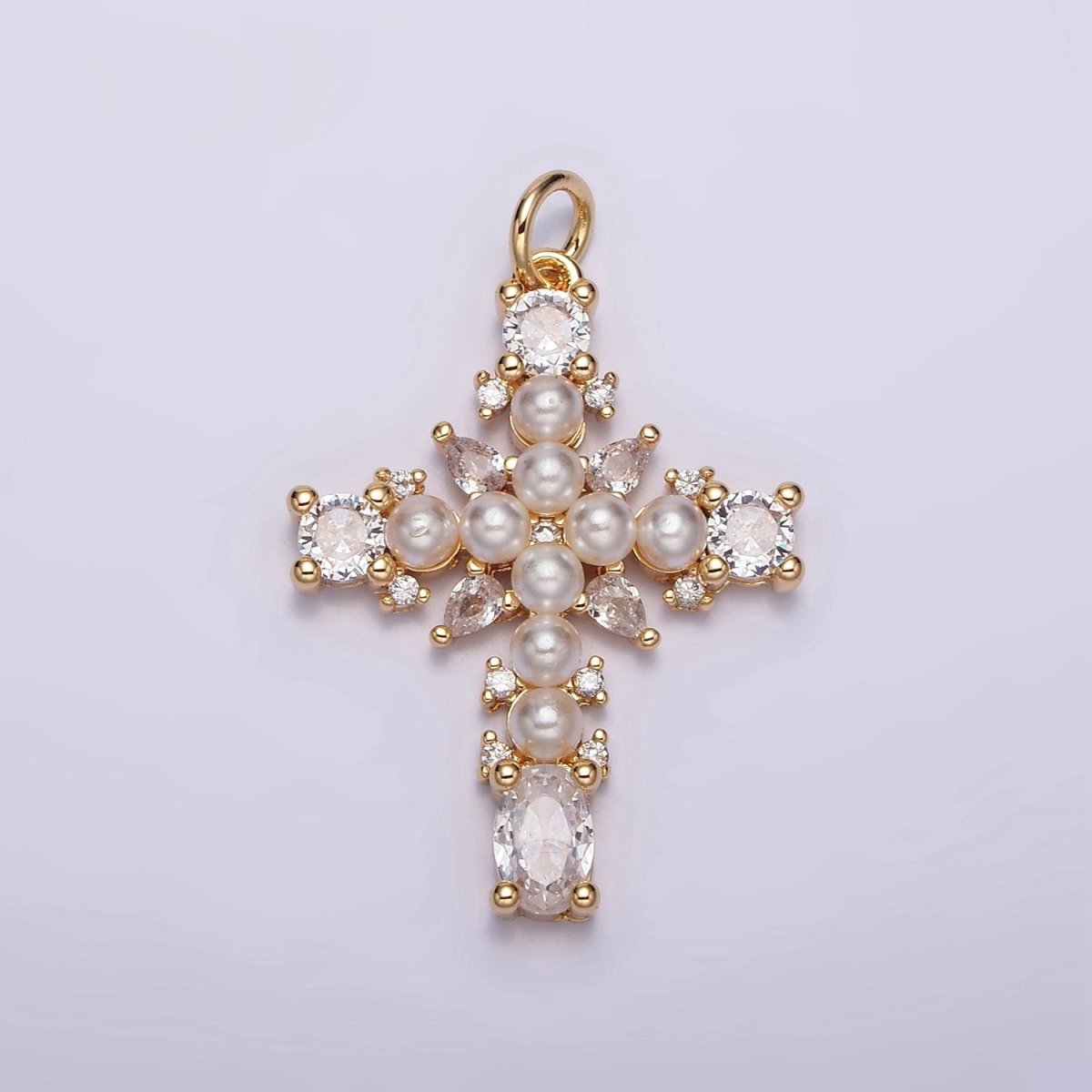 16K Gold Filled Green, Clear CZ Pearl Teardrop Religious Cross Charm in Gold & Silver | AC1416 - AC1419 - DLUXCA