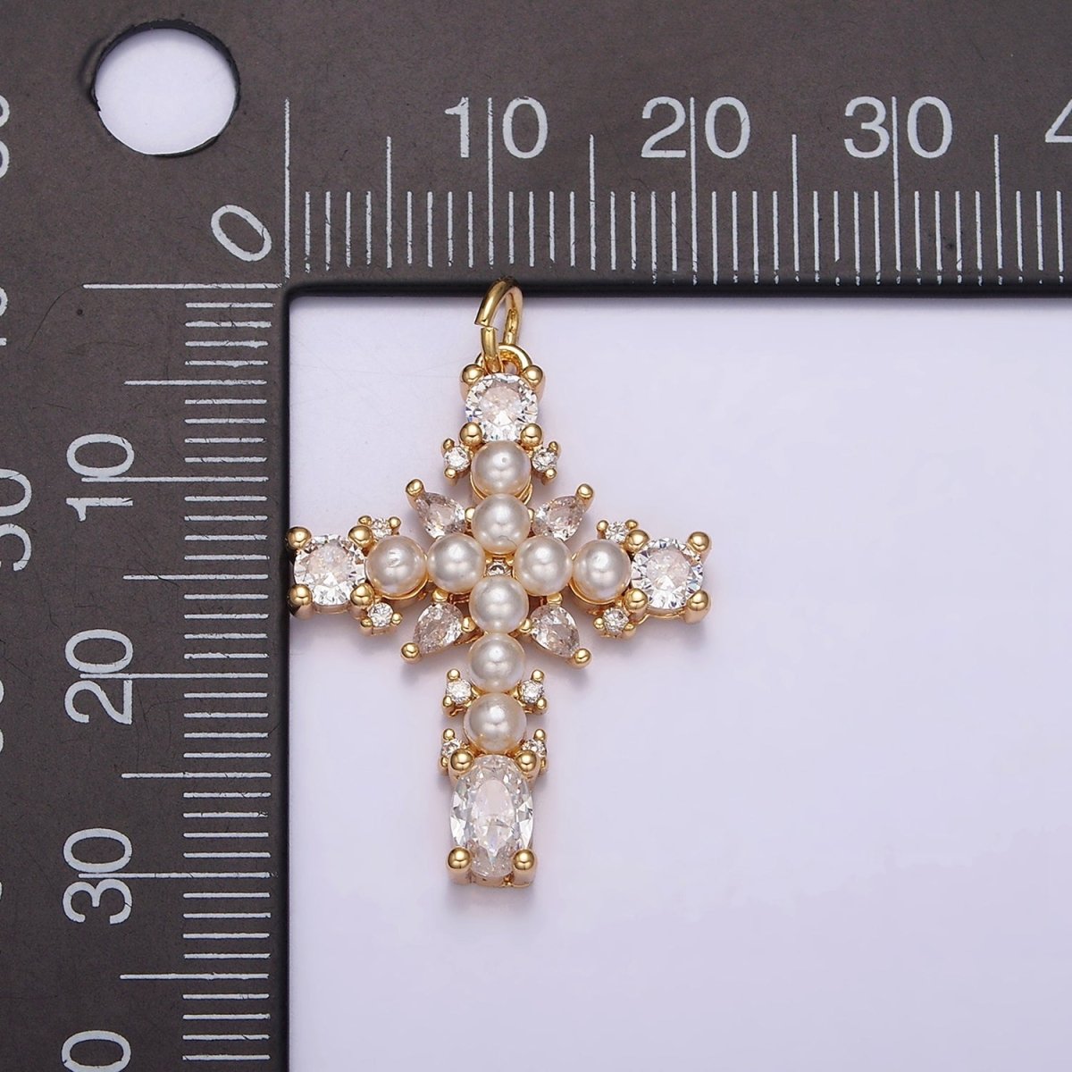 16K Gold Filled Green, Clear CZ Pearl Teardrop Religious Cross Charm in Gold & Silver | AC1416 - AC1419 - DLUXCA