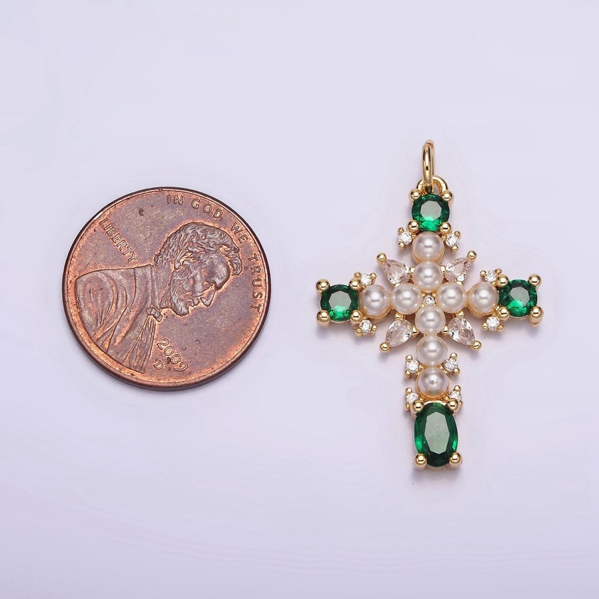 16K Gold Filled Green, Clear CZ Pearl Teardrop Religious Cross Charm in Gold & Silver | AC1416 - AC1419 - DLUXCA