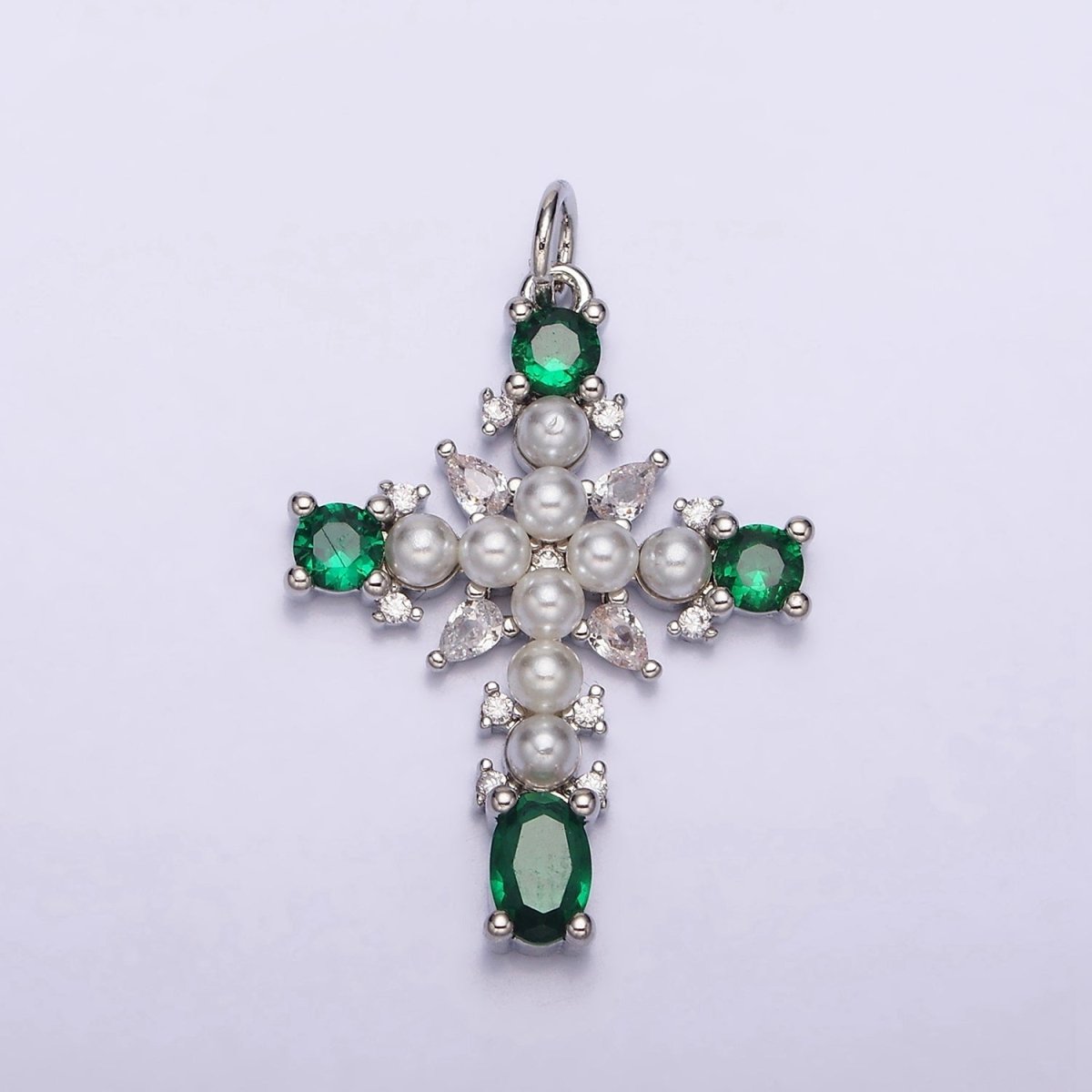 16K Gold Filled Green, Clear CZ Pearl Teardrop Religious Cross Charm in Gold & Silver | AC1416 - AC1419 - DLUXCA