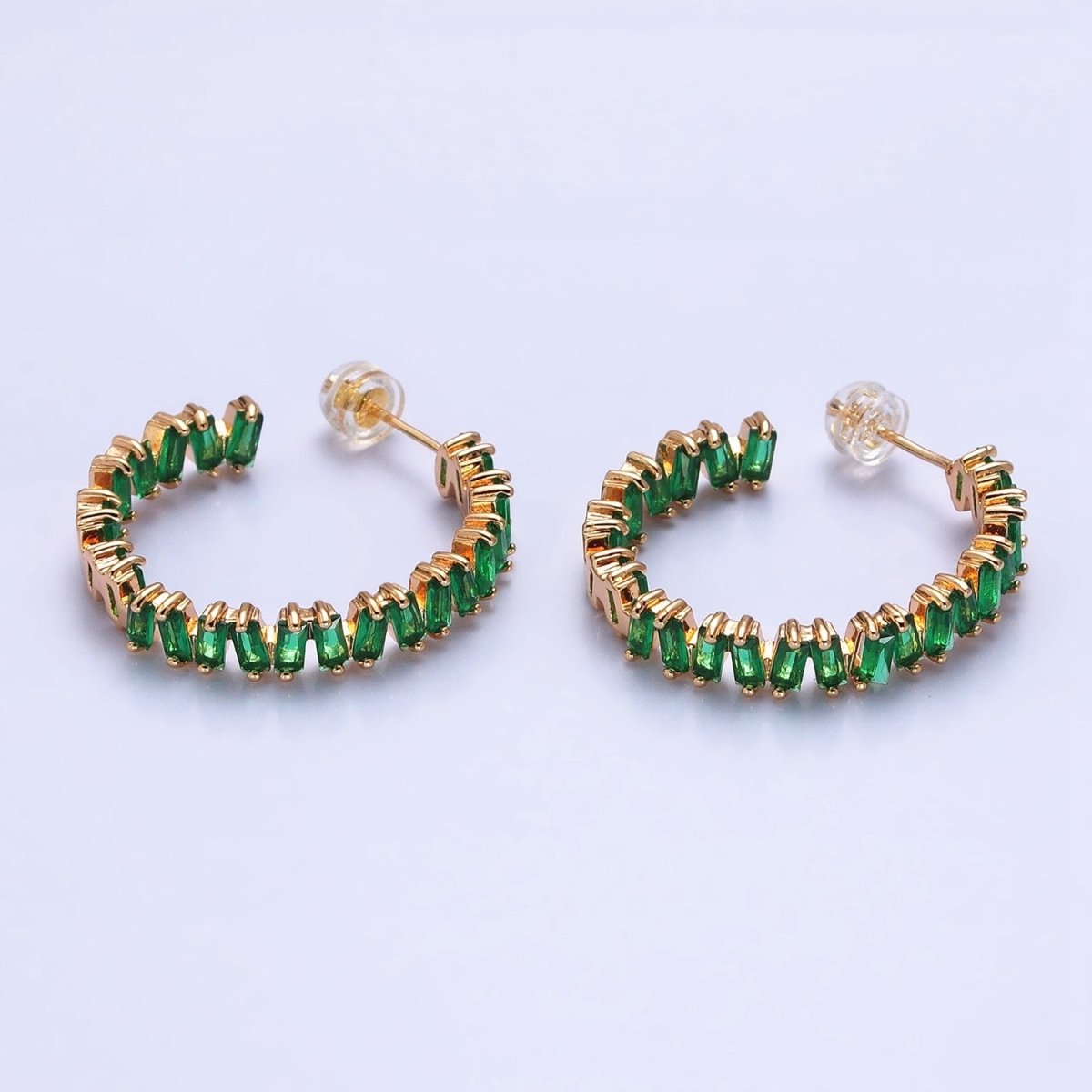 16K Gold Filled Green, Clear, Pink Baguette Zig-Zag Front Sided 30mm Circular Hoop Earrings in Silver & Gold | AB855 - AB859 - DLUXCA