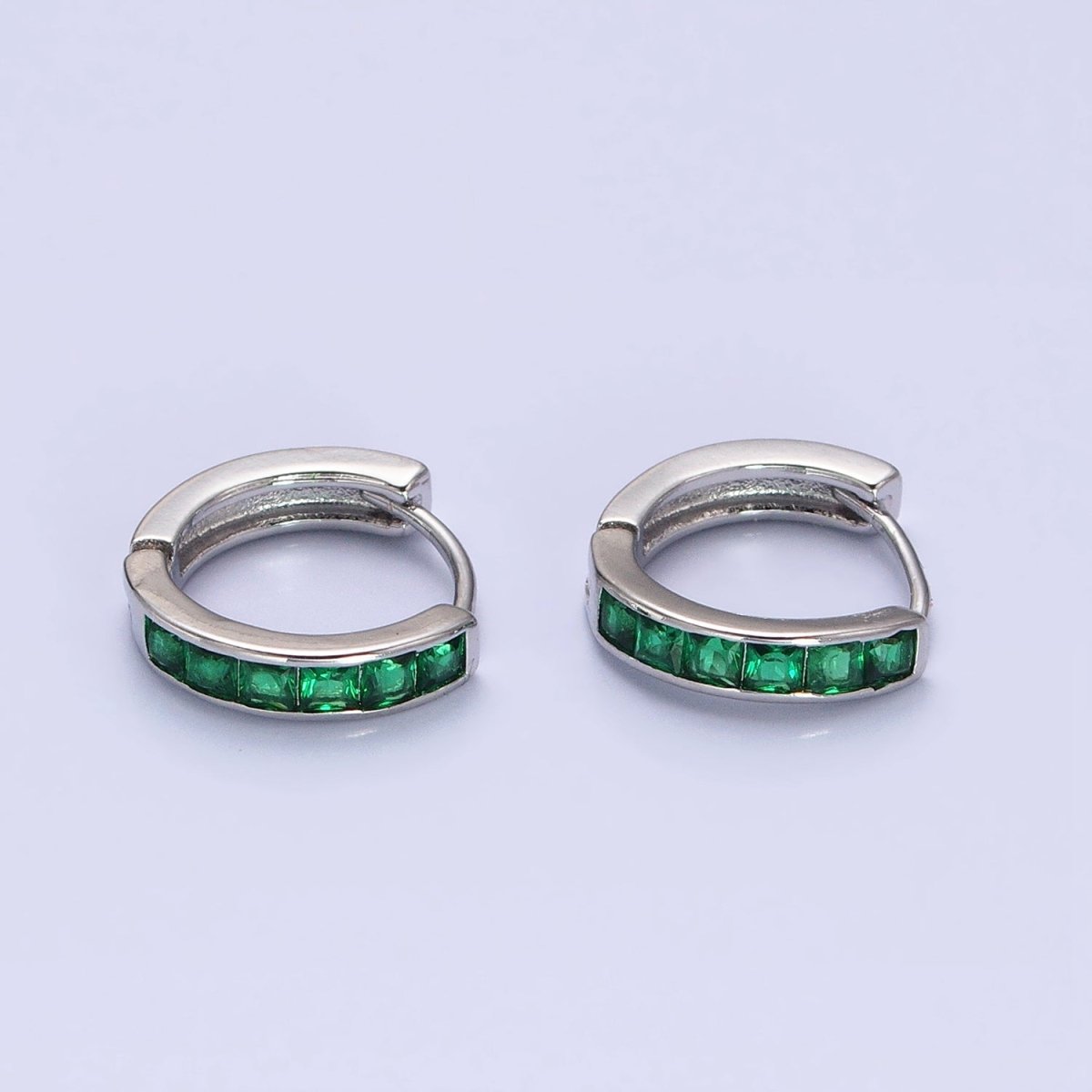 16K Gold Filled Green, Clear, Turquoise Square CZ Lined 13mm Cartilage Huggie Earrings in Gold & Silver | AB659 AB958 - AB960 AB1502 AB1503 - DLUXCA