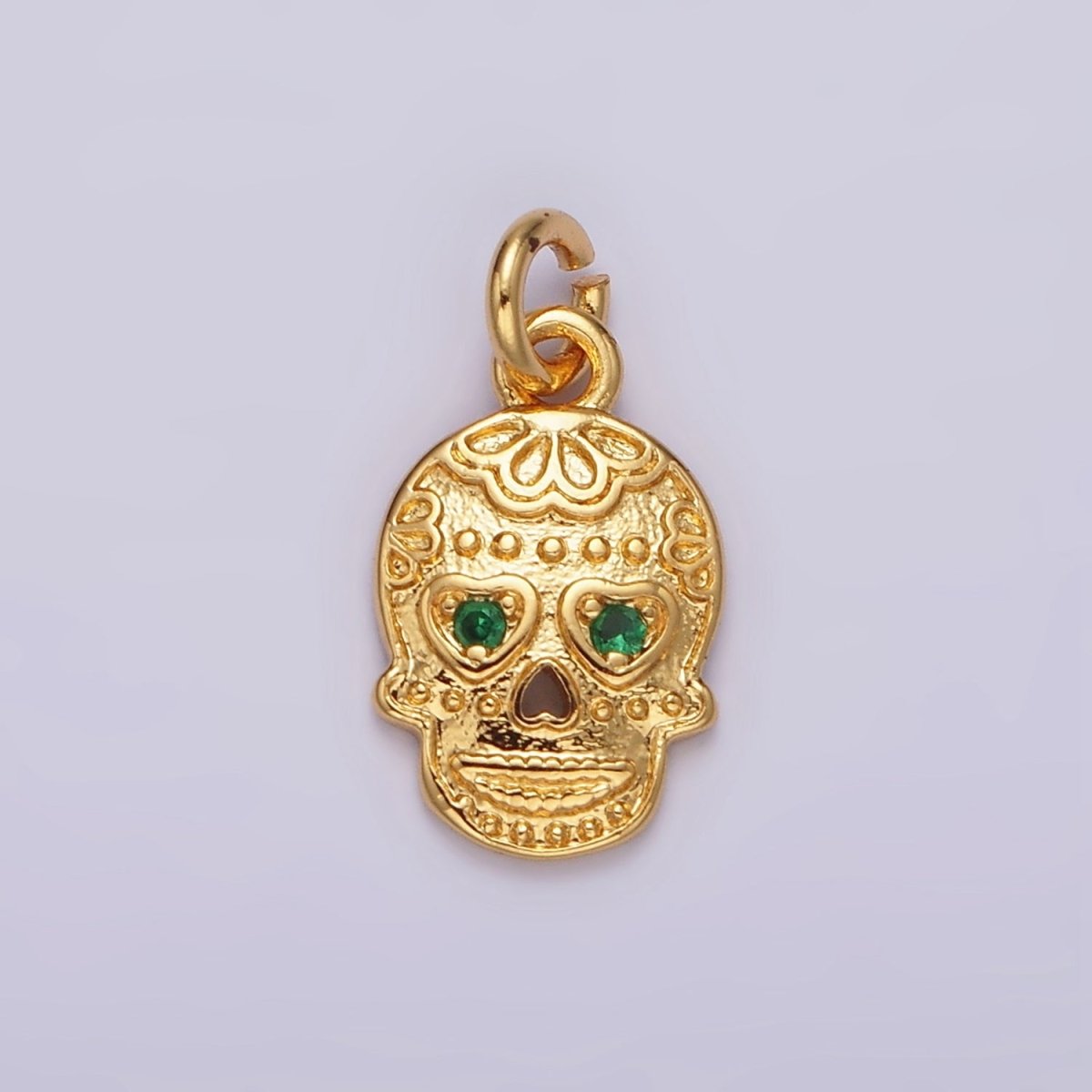 16K Gold Filled Green CZ Heart-Eyed Calavera Skeleton Skull Charm | AC851 - DLUXCA