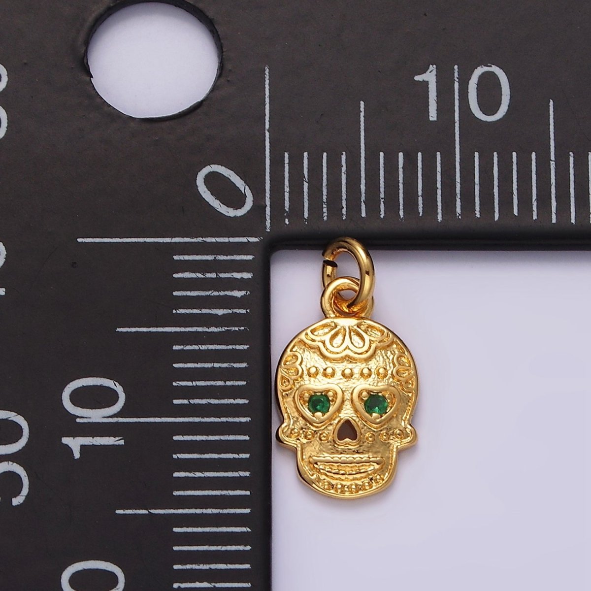 16K Gold Filled Green CZ Heart-Eyed Calavera Skeleton Skull Charm | AC851 - DLUXCA