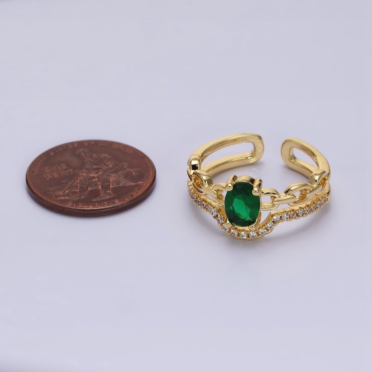 16K Gold Filled Green CZ Oval Cable Link Micro Paved CZ Double Band Ring | O-009 - DLUXCA