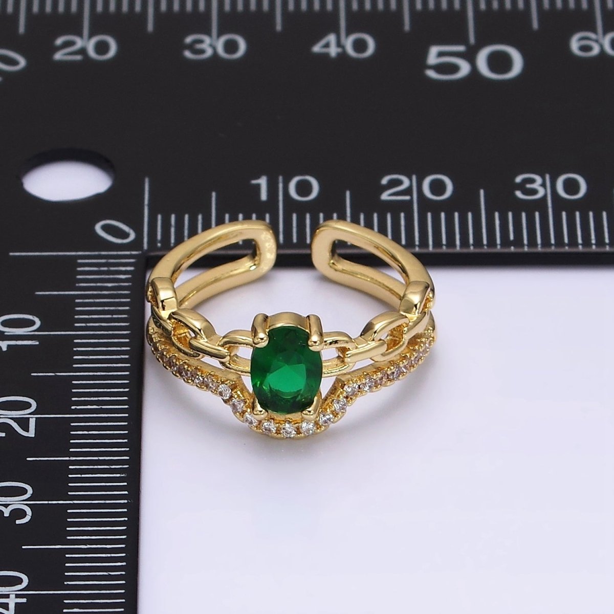 16K Gold Filled Green CZ Oval Cable Link Micro Paved CZ Double Band Ring | O-009 - DLUXCA