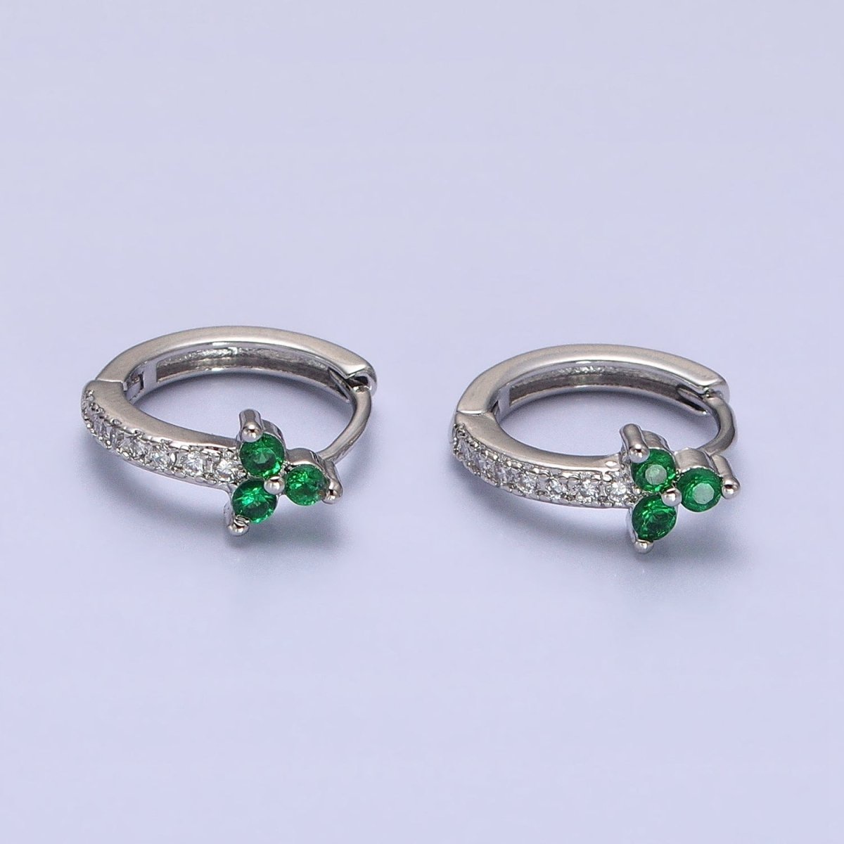 16K Gold Filled Green CZ Triple Flower Arrow Lined 11mm Cartilage Huggie Earrings in Silver & Gold | AB658 AD828 - DLUXCA