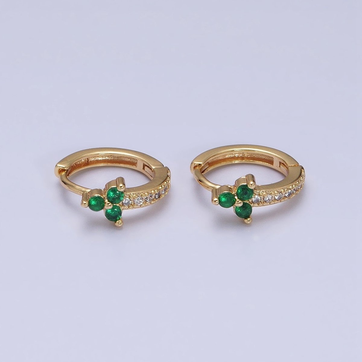 16K Gold Filled Green CZ Triple Flower Arrow Lined 11mm Cartilage Huggie Earrings in Silver & Gold | AB658 AD828 - DLUXCA