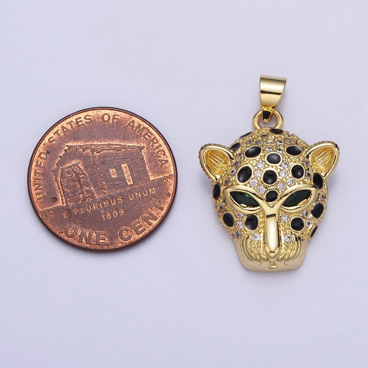 16K Gold Filled Green-Eyed CZ Jaguar Cheetah Black Enamel Micro Paved CZ Animal Pendant | AA509 - DLUXCA