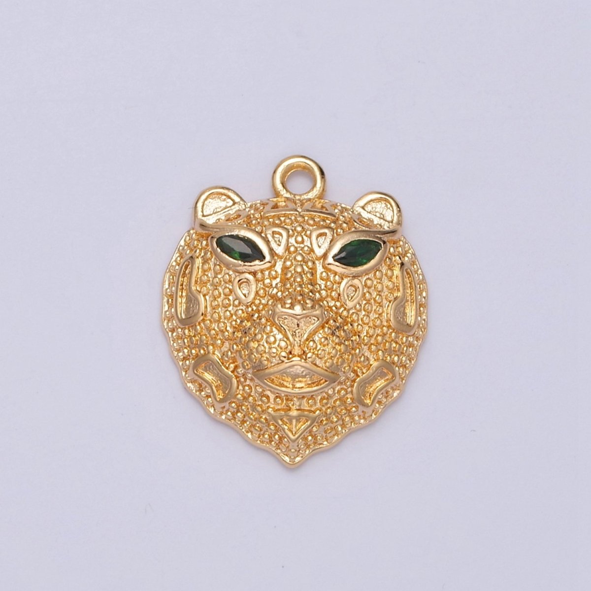 16K Gold Filled Green-Eyed Leopard Head Textured Animal Charm E-780 - DLUXCA