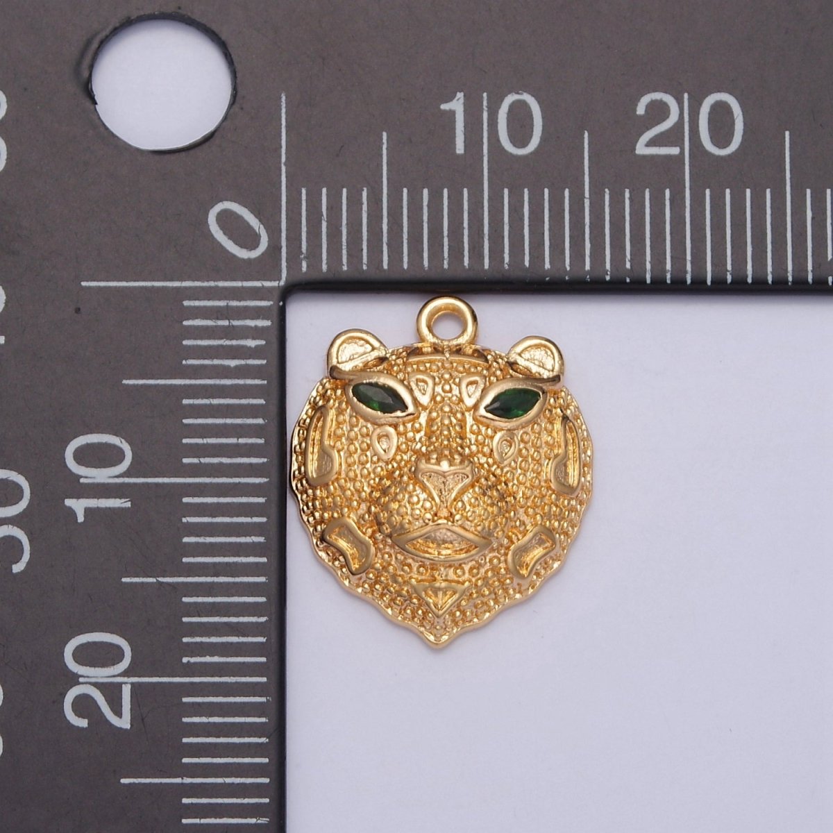 16K Gold Filled Green-Eyed Leopard Head Textured Animal Charm E-780 - DLUXCA