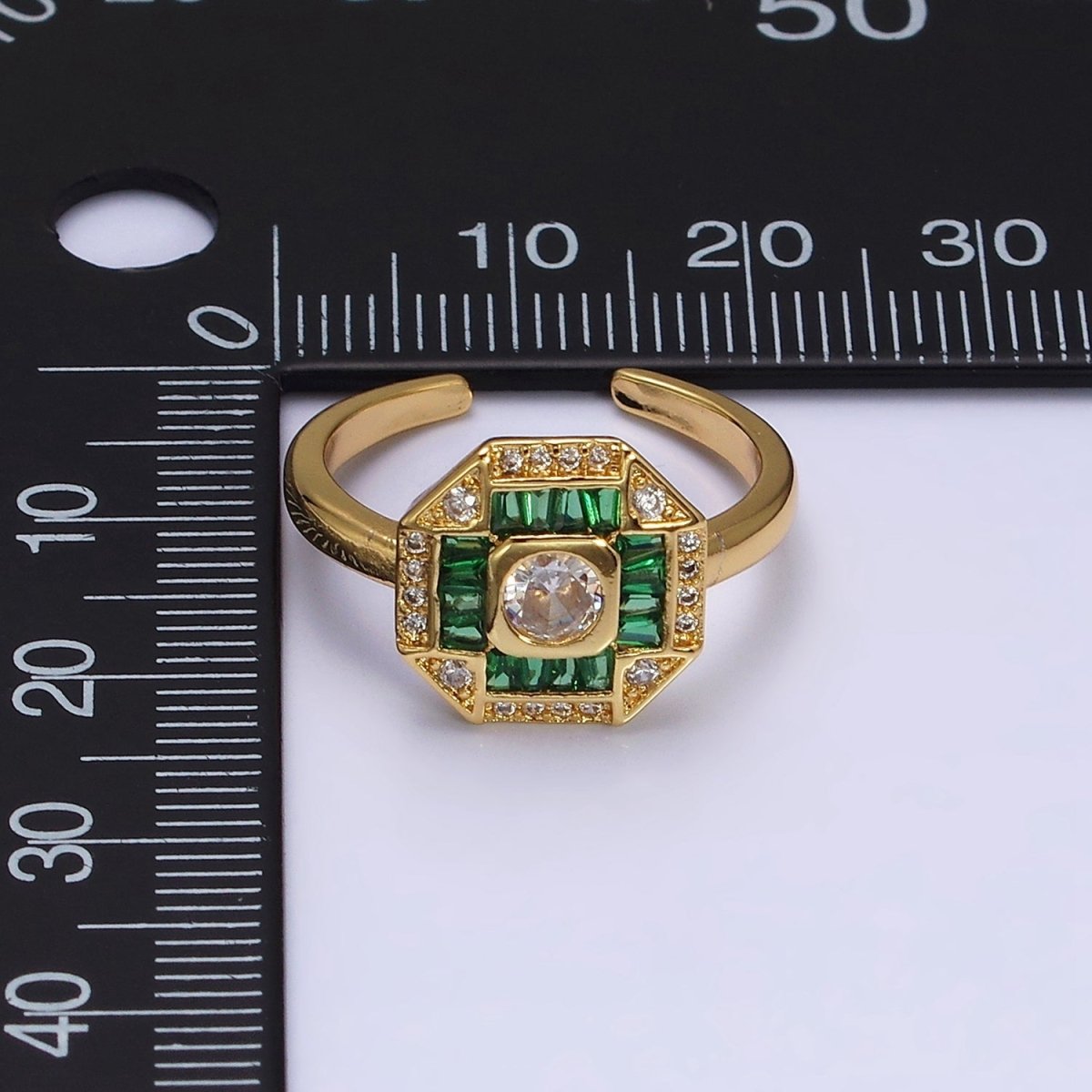 16K Gold Filled Green, Fuchsia CZ Baguette Micro Paved Hexagonal Ring in Gold & Silver | O-1589 O-1590 O-1591 O-1592 - DLUXCA